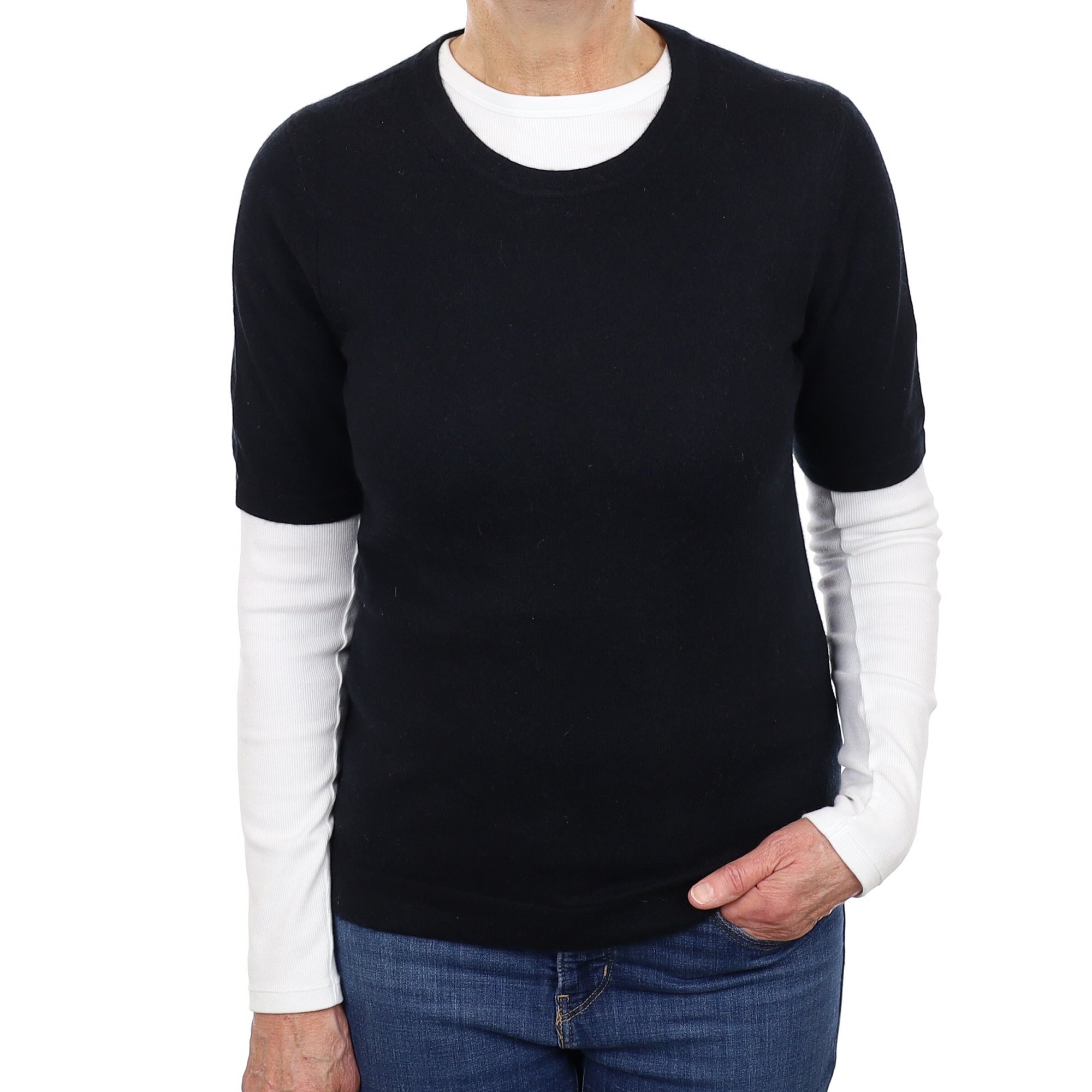 Black Cashmere Short-Sleeved Crew Neck Jumper Medium