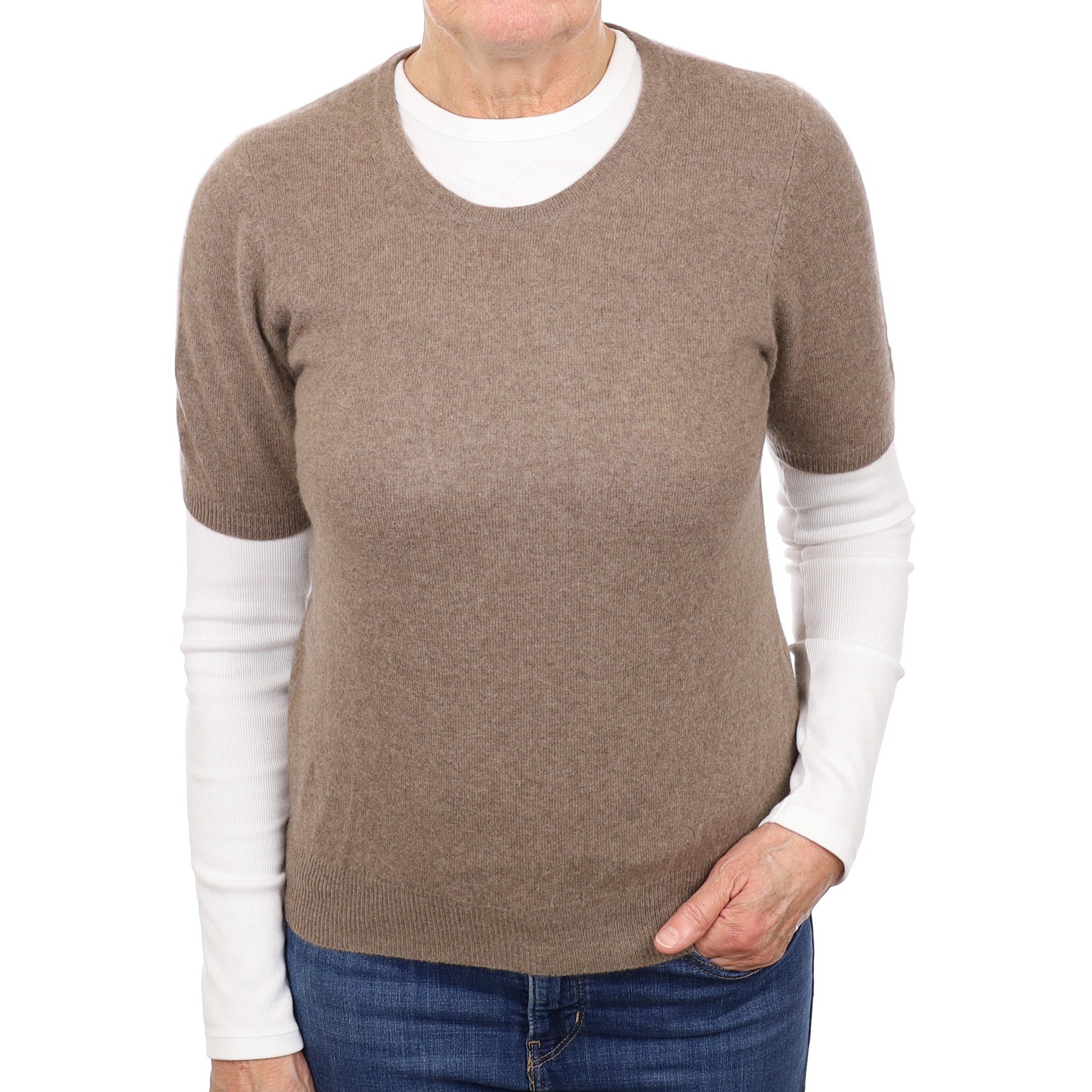 Taupe Brown Cashmere Short-Sleeved Crew Neck Jumper Medium