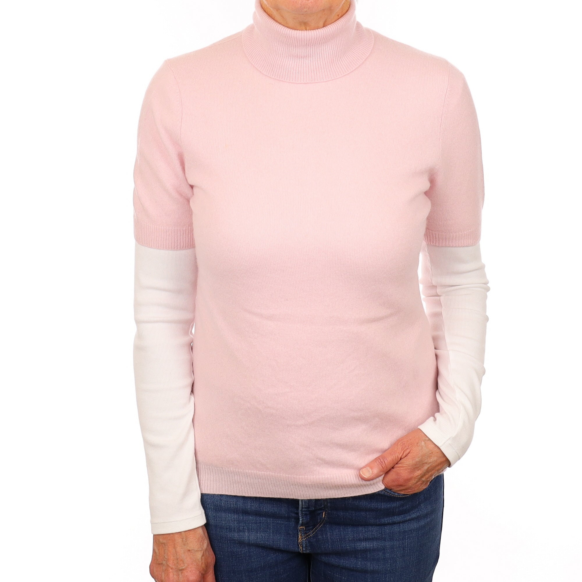 Ice Pink Cashmere Short-Sleeved Polo Neck Jumper Medium