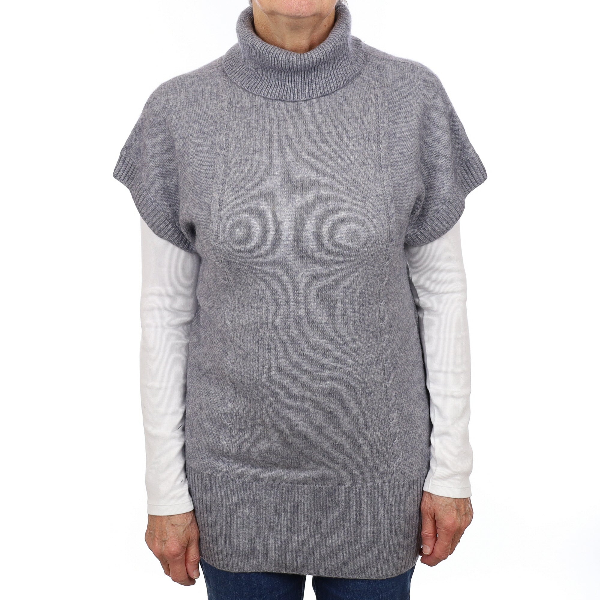 Ash Grey Chunky Cashmere Capped Sleeve Polo Neck Jumper Medium