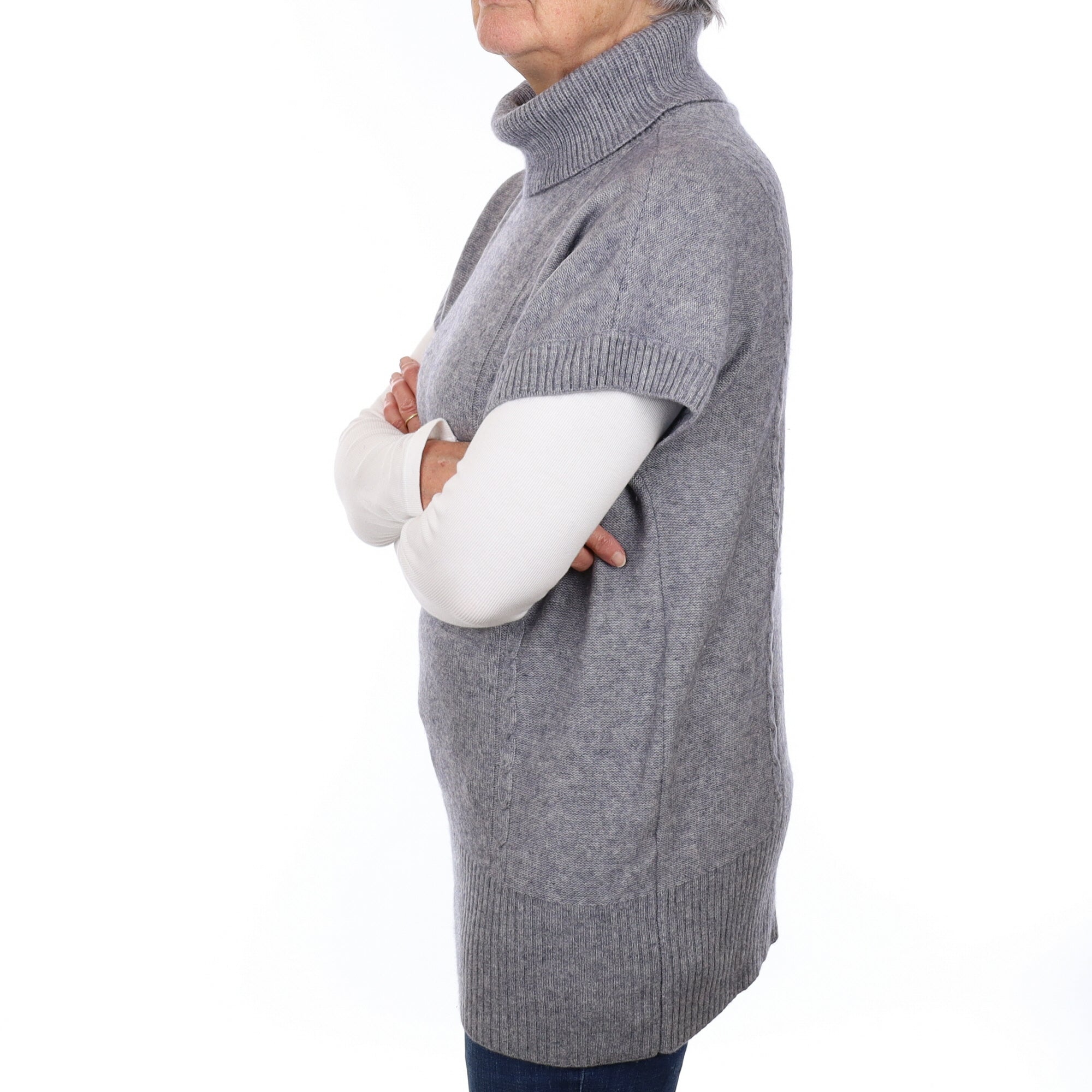 Ash Grey Chunky Cashmere Capped Sleeve Polo Neck Jumper Medium