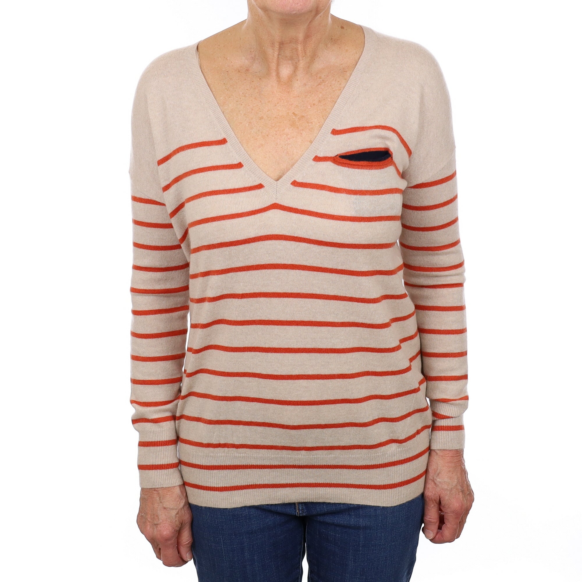 Oatmeal and Pumpkin Stripe Cashmere V Neck Jumper Medium