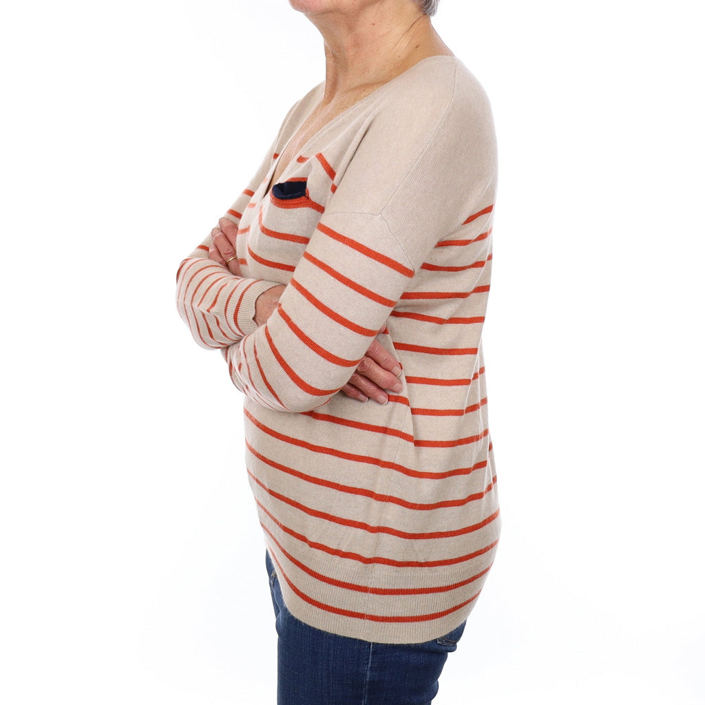 Oatmeal and Pumpkin Stripe Cashmere V Neck Jumper Medium
