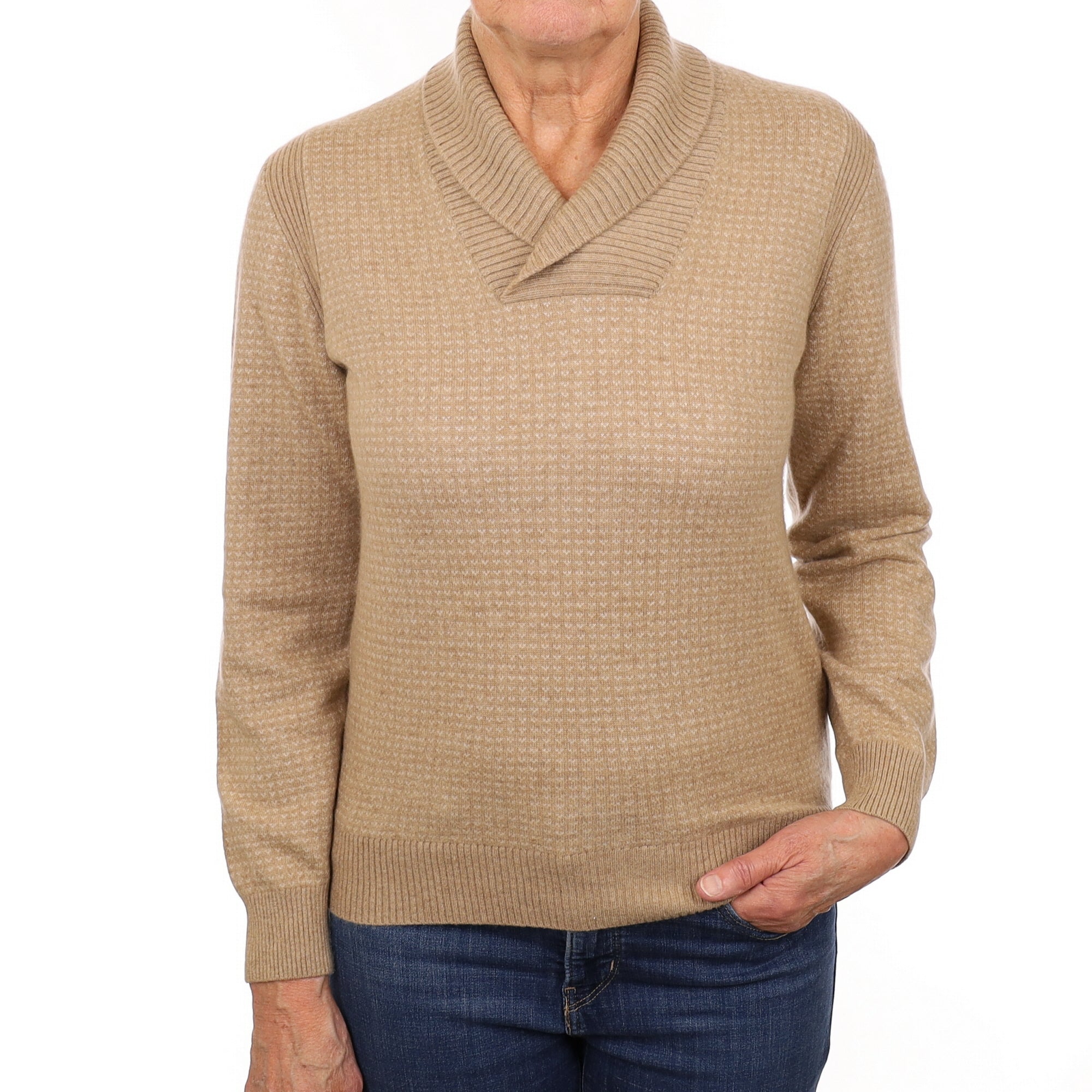 Lanvin Biscuit Brown Patterned Cashmere Shawl Collar Jumper Medium