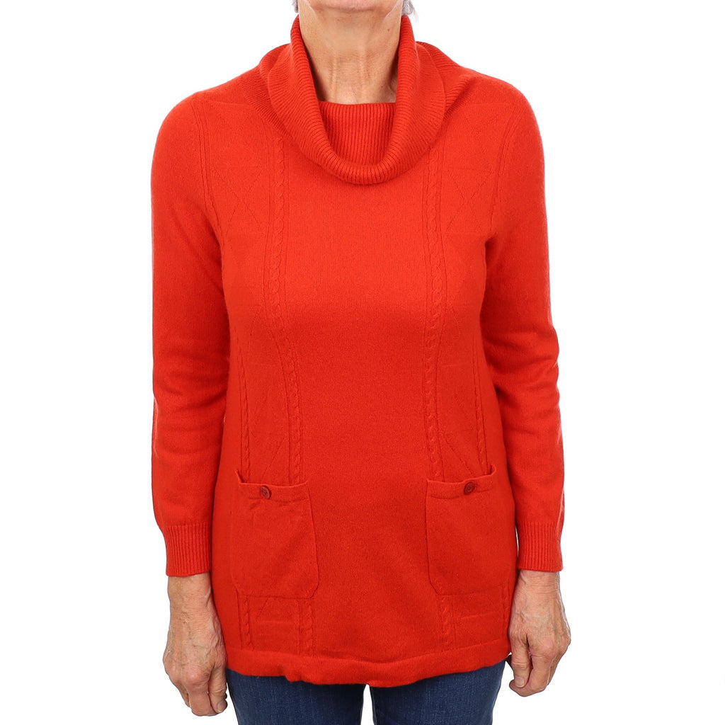 Vermillion Red Longline Cashmere Polo Neck Jumper Medium