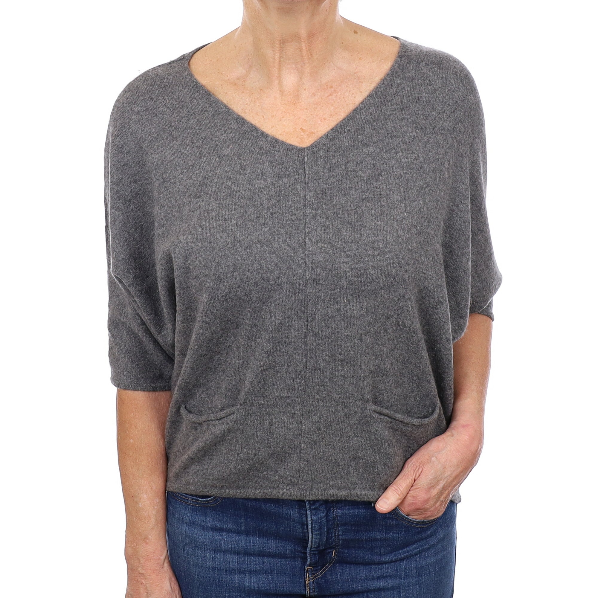 Slate Grey Slouchy Batwing Cashmere V Neck Jumper Medium