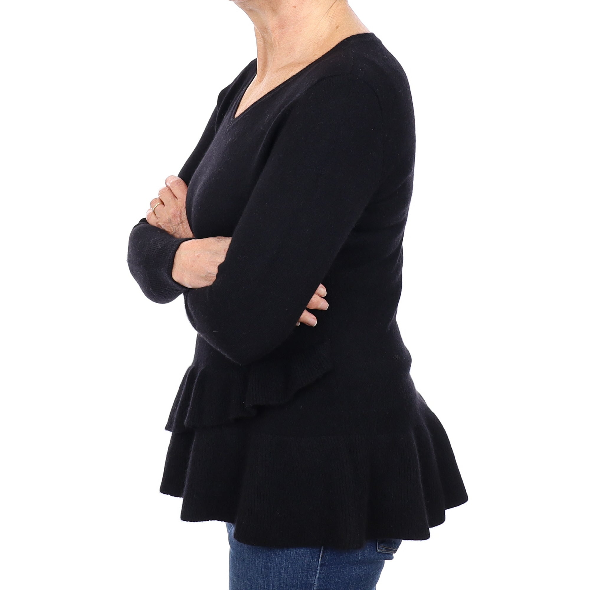 Black Cashmere V Neck Peplum Hem Jumper Medium