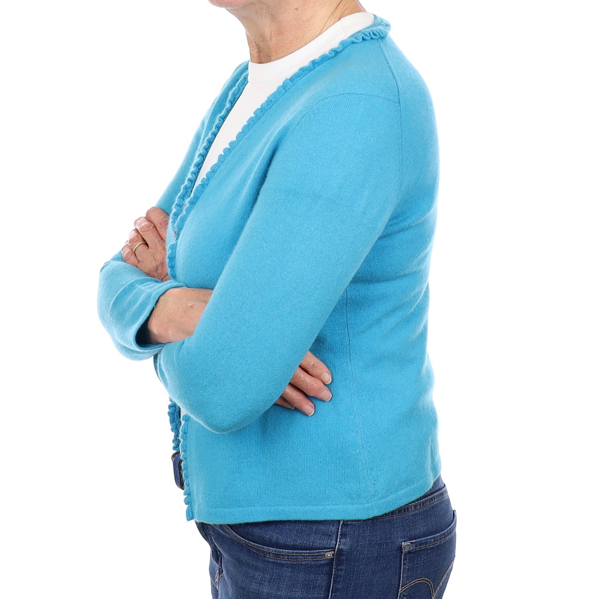Turquoise Blue Cashmere Ruffle Edged Cardigan Medium