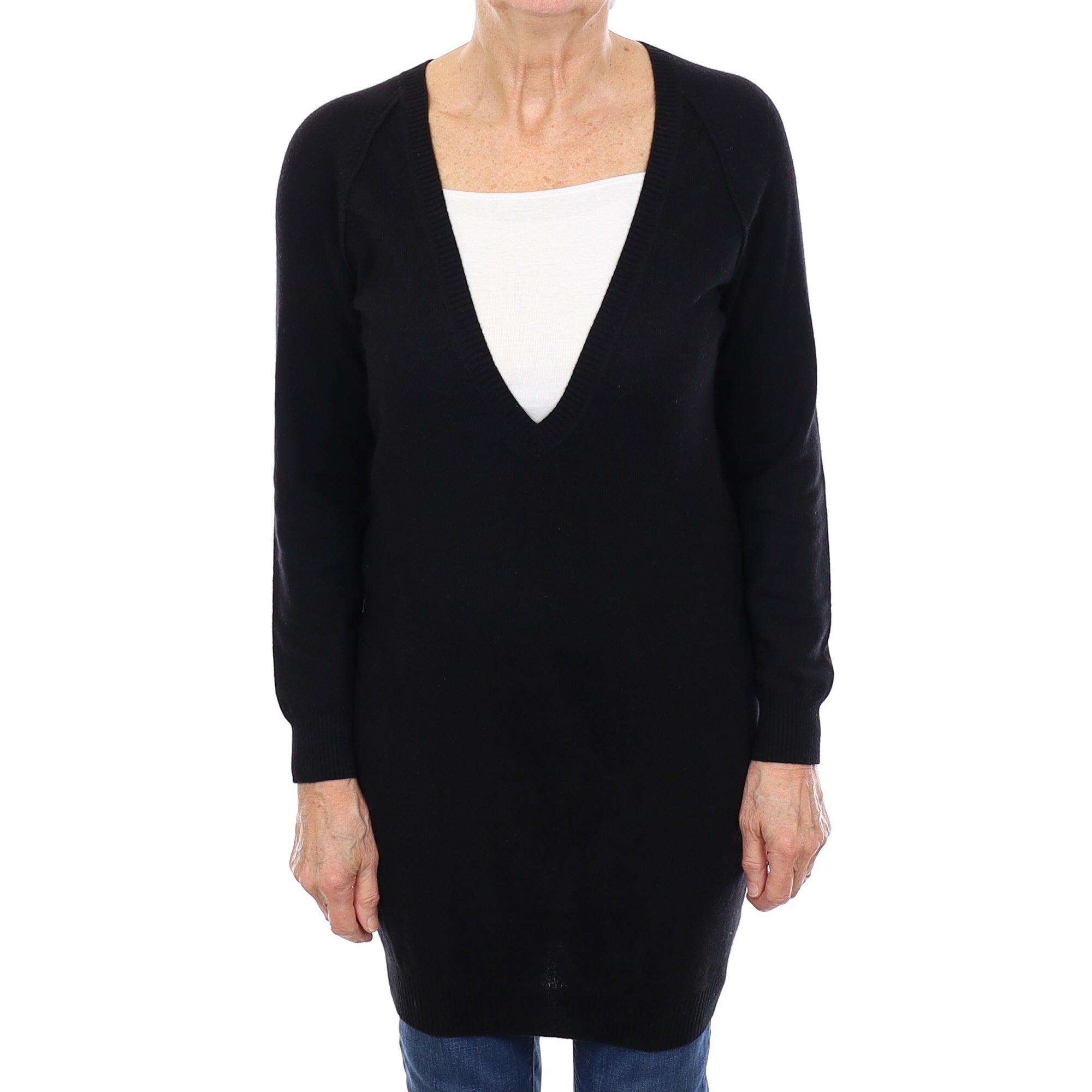 Black Cashmere Deep V Neck Longline Jumper Medium