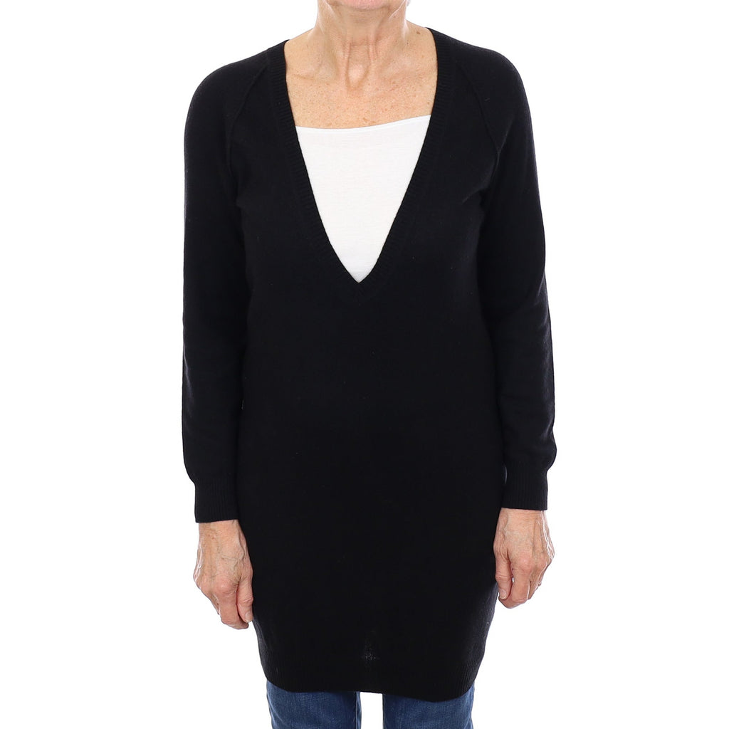 Black Cashmere Deep V Neck Longline Jumper Medium