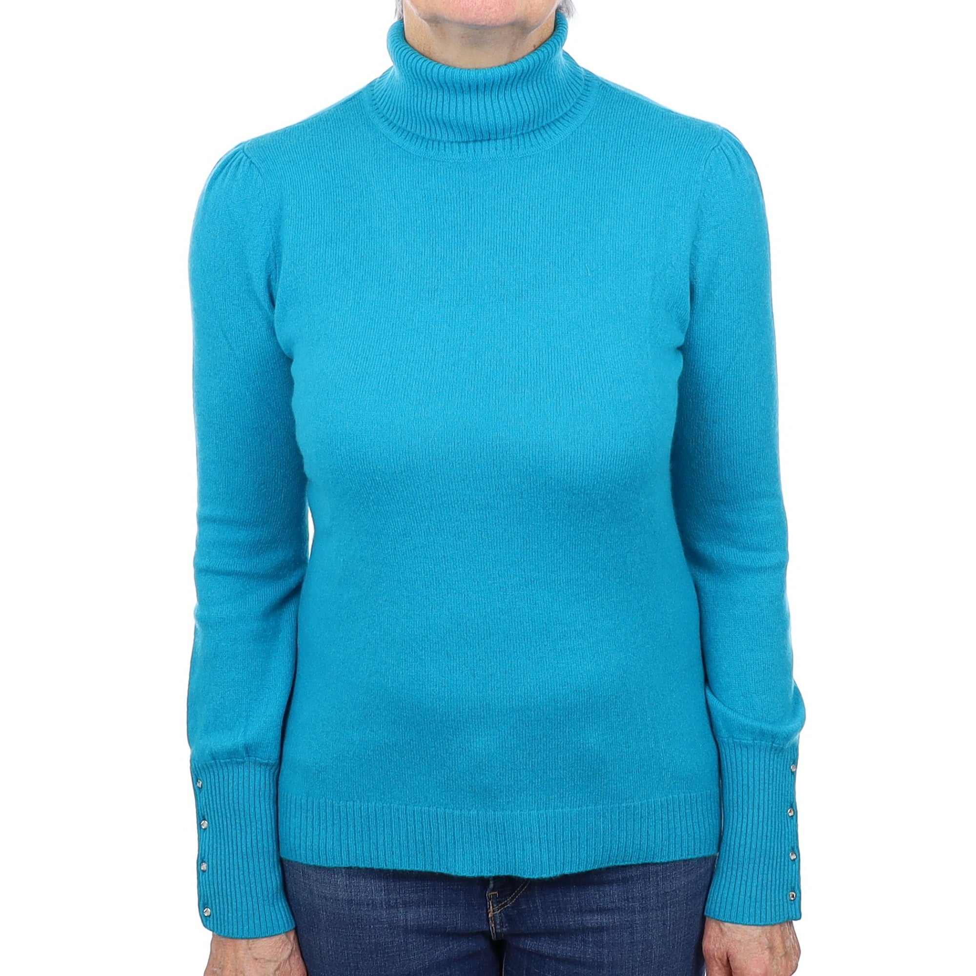Bright Turquoise Cashmere Polo Neck Jumper Medium