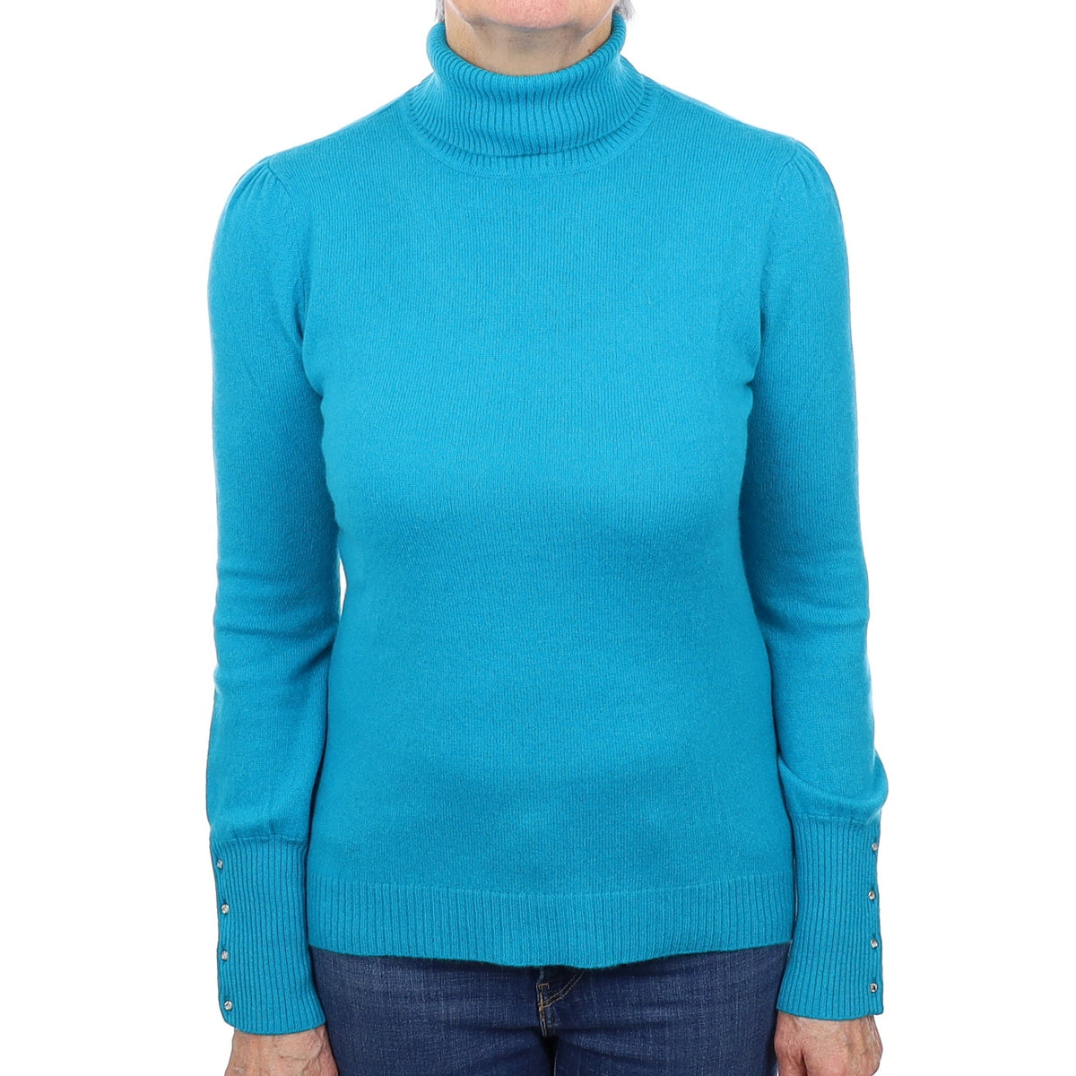 Bright Turquoise Cashmere Polo Neck Jumper Medium