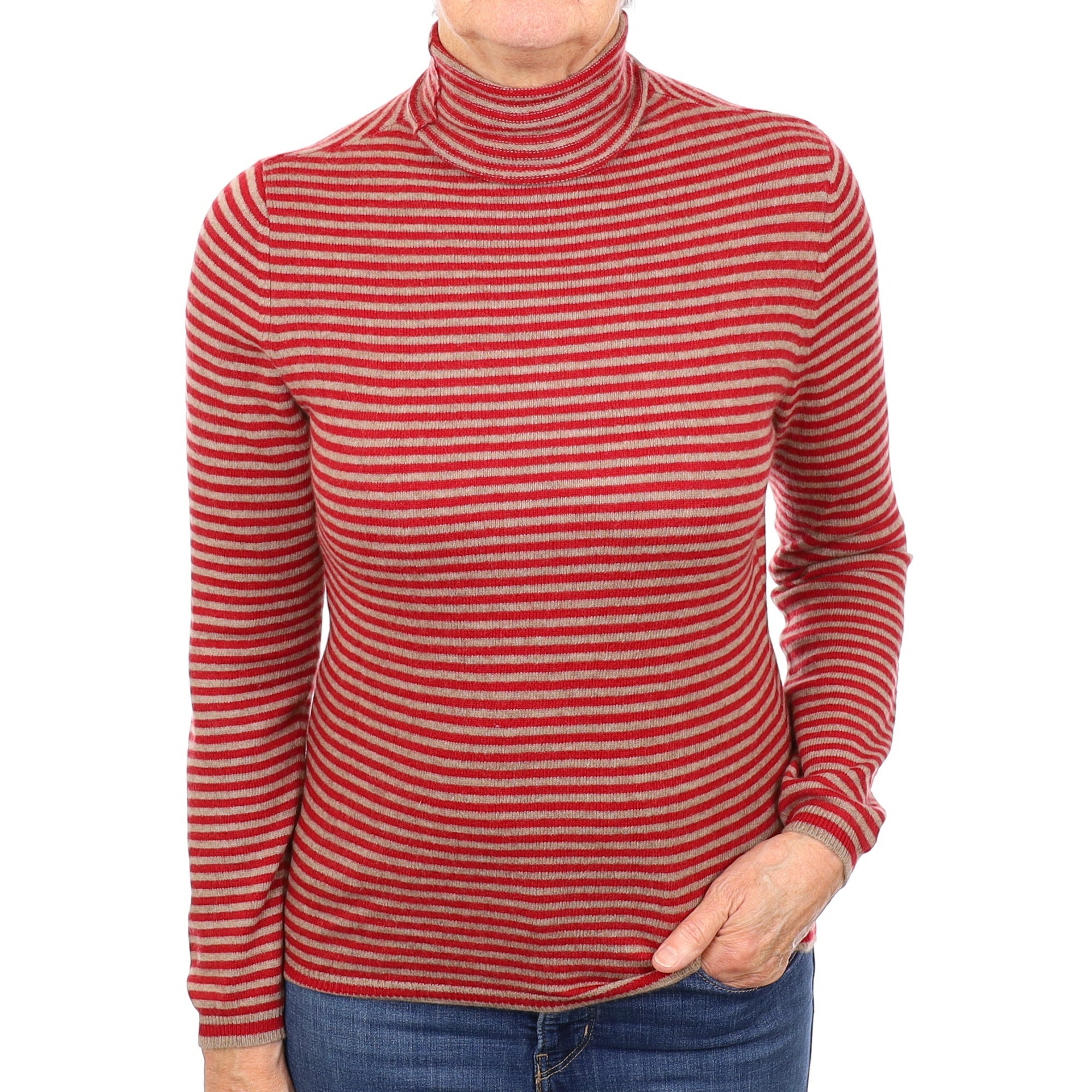 Camel and Red Stripe Cashmere Funnel Neck Jumper Medium