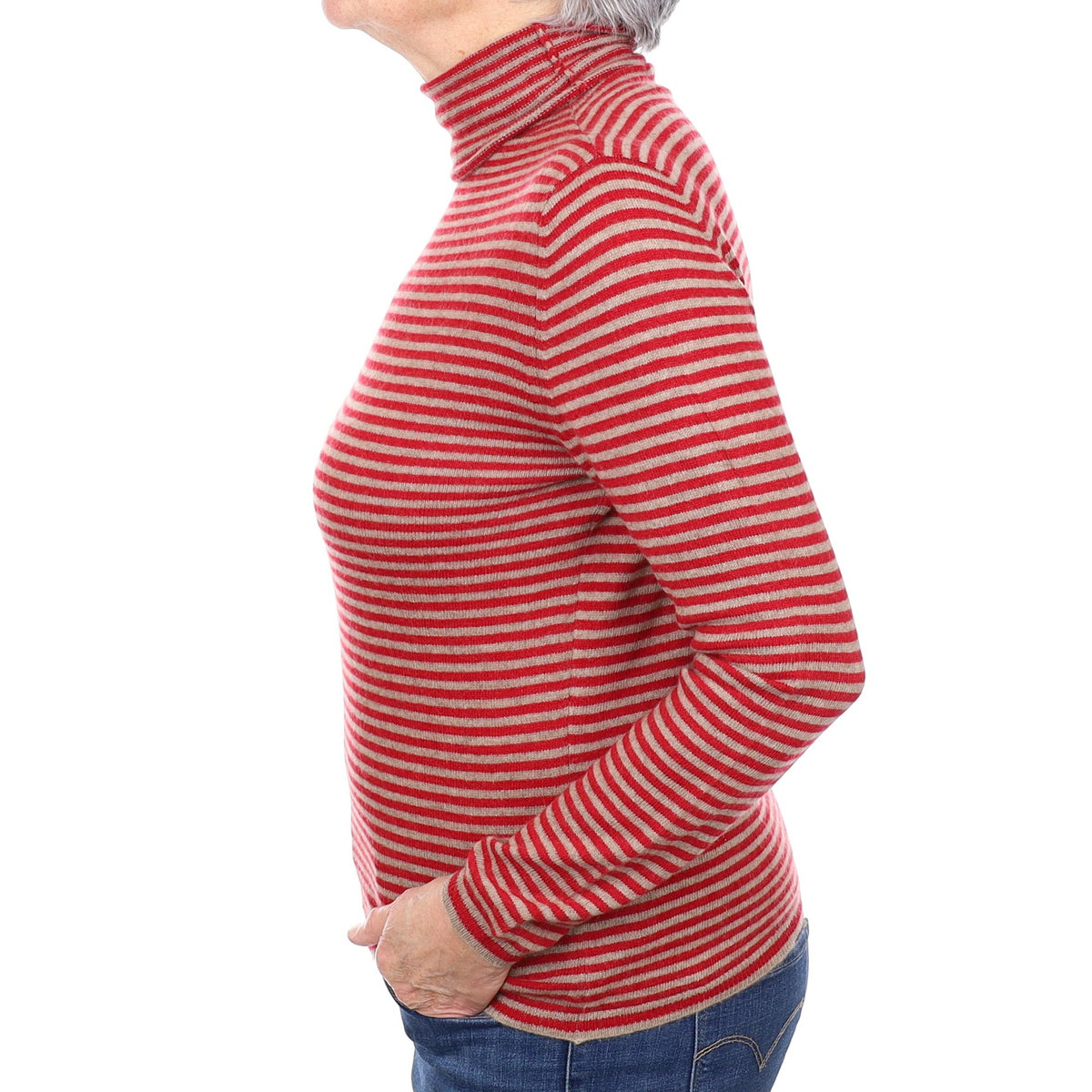Camel and Red Stripe Cashmere Funnel Neck Jumper Medium
