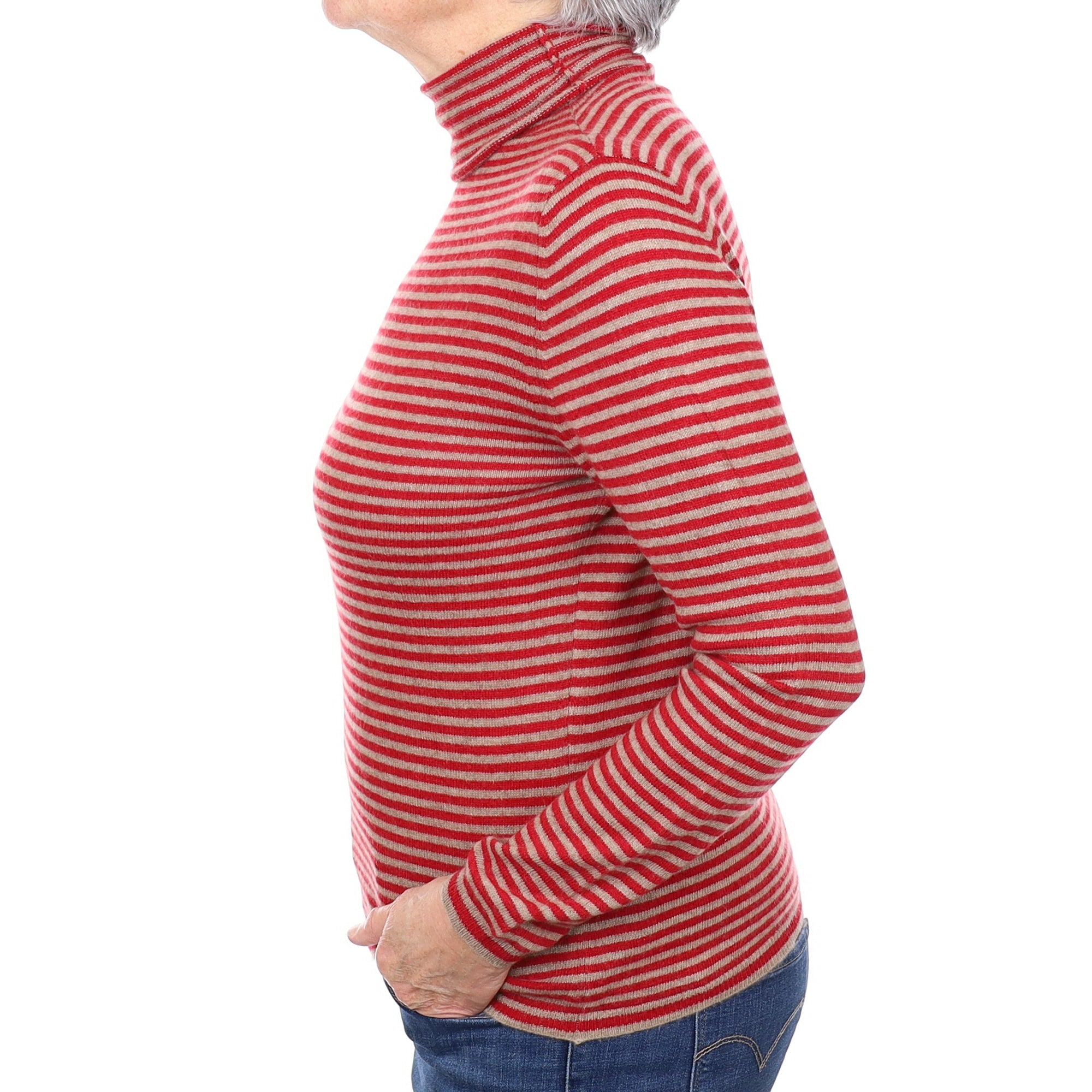 Camel and Red Stripe Cashmere Funnel Neck Jumper Medium