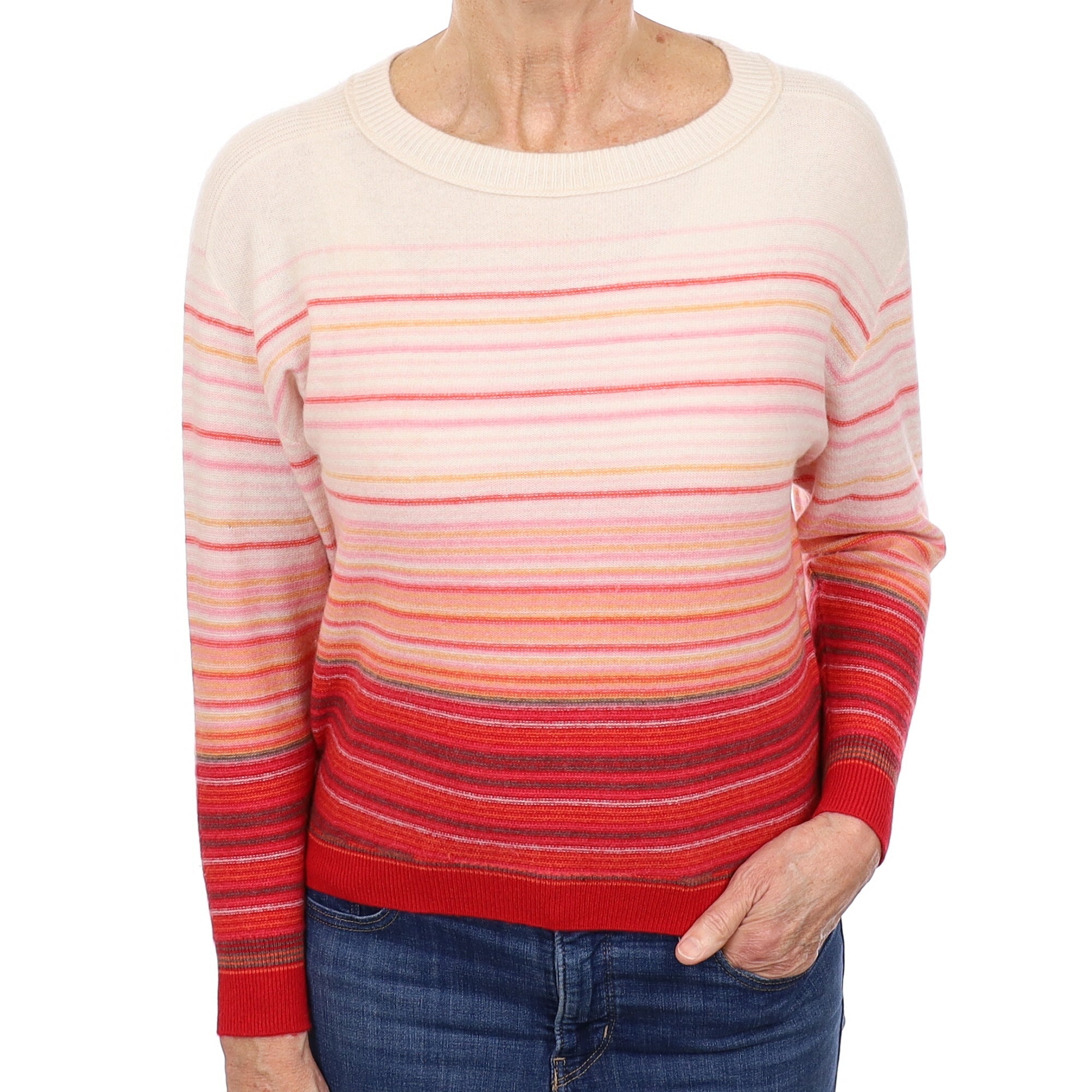 Cream and Red Striped Cashmere Crew Neck Jumper Medium