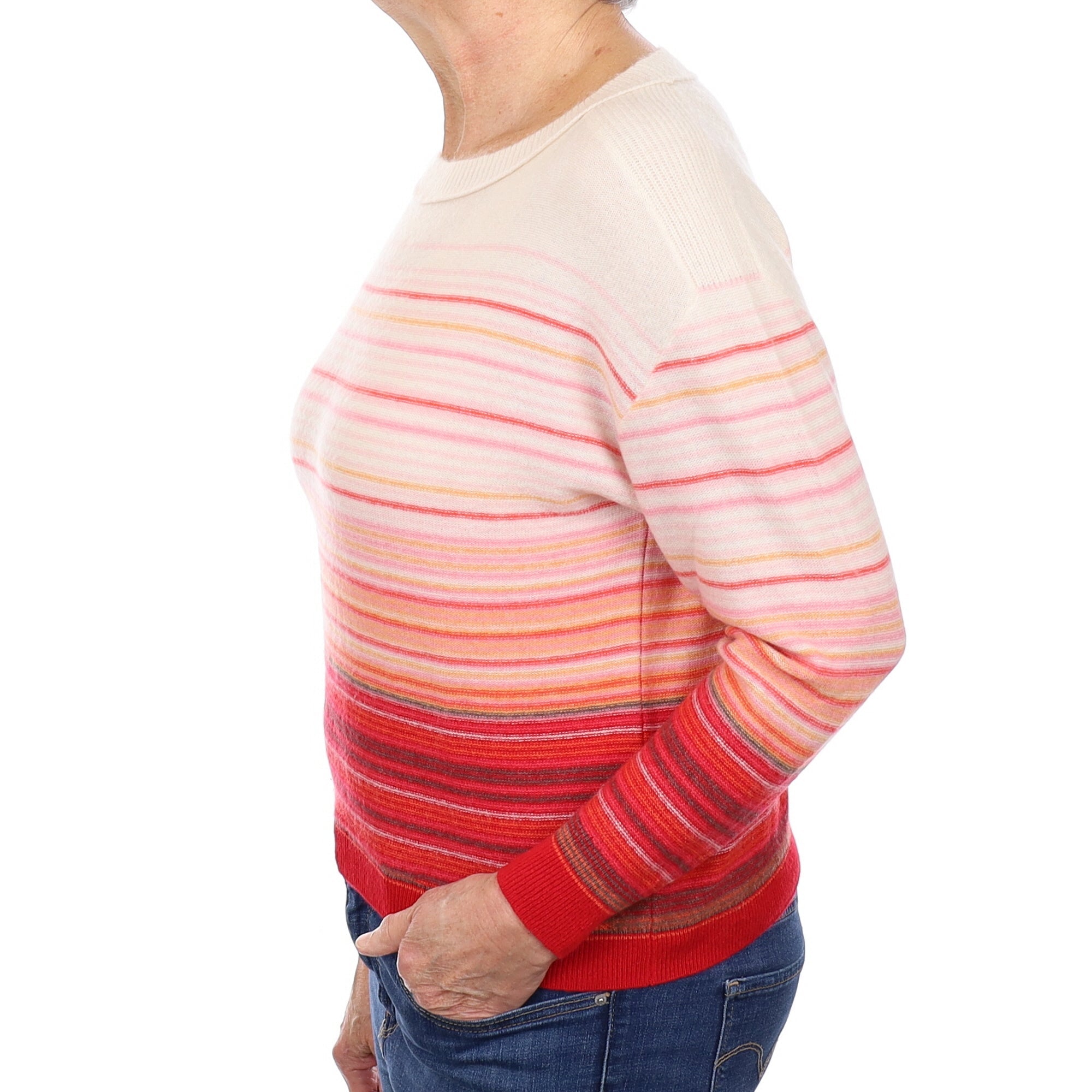 Cream and Red Striped Cashmere Crew Neck Jumper Medium