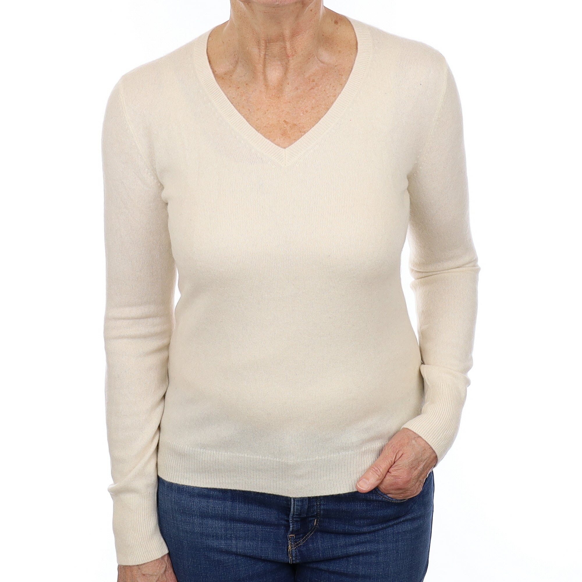 Vanilla Cream Cashmere V Neck Jumper Medium