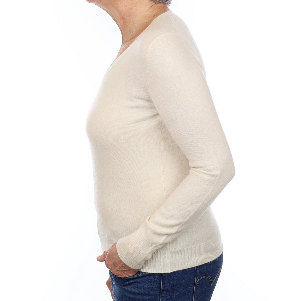 Vanilla Cream Cashmere V Neck Jumper Medium