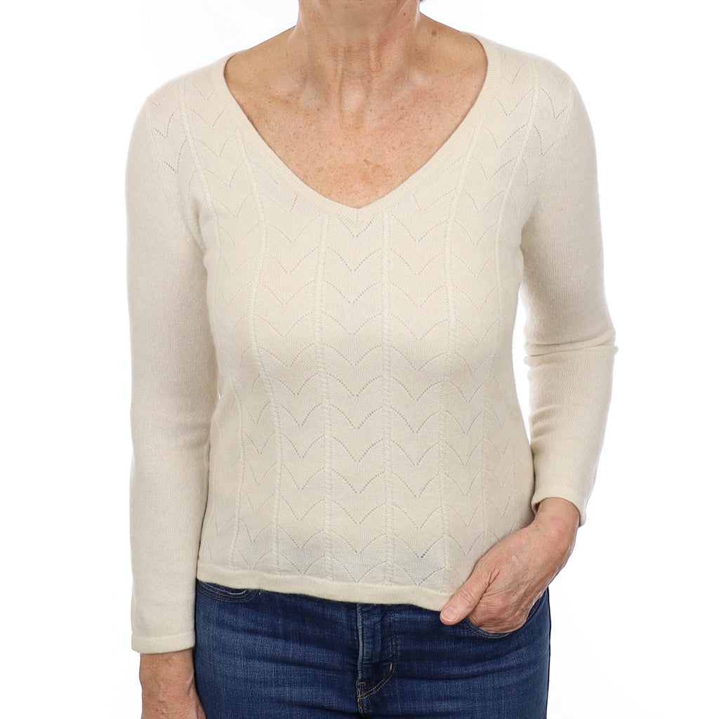 Vanilla Cream Patterned Lace Knit Front Cashmere V Neck Jumper Medium