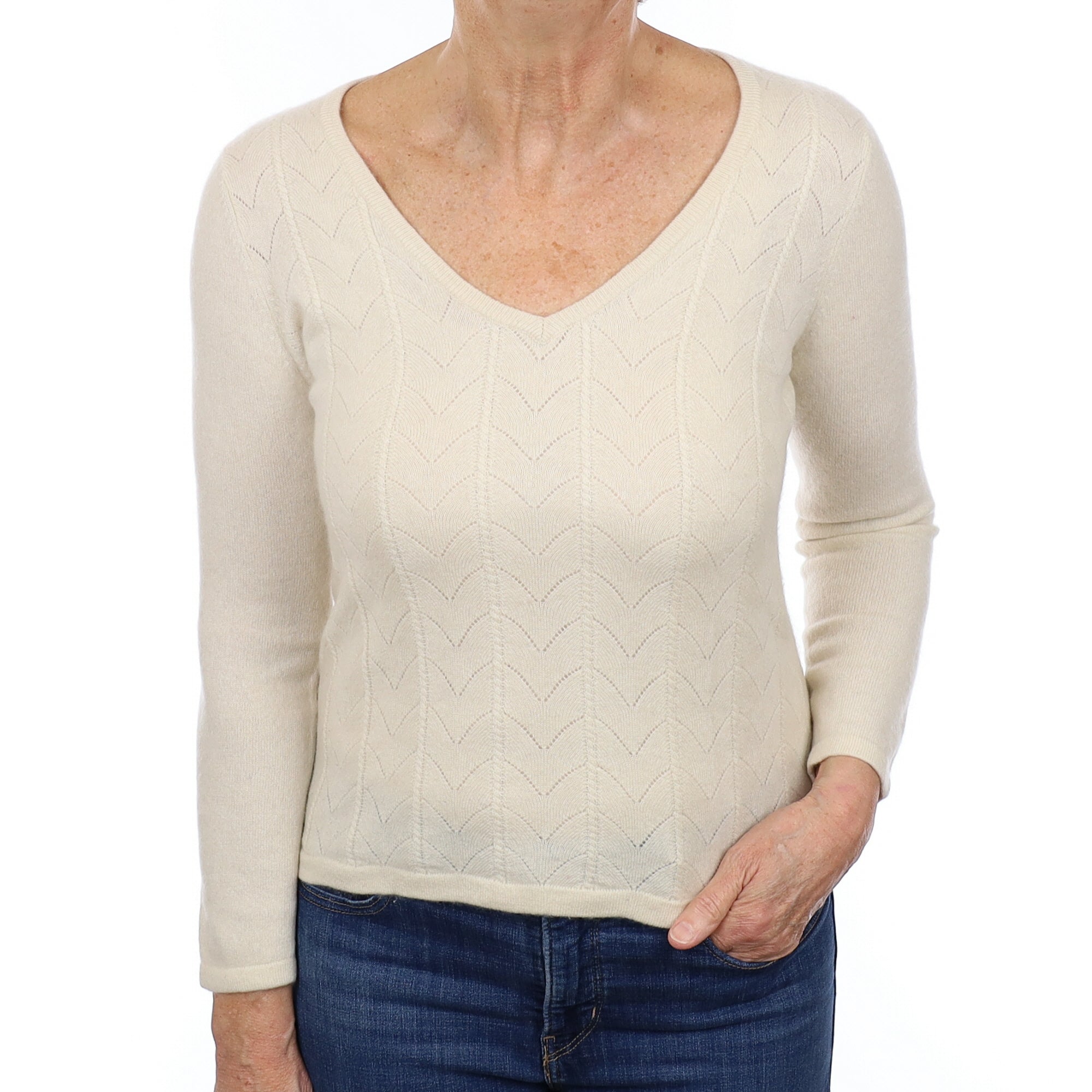 Vanilla Cream Patterned Lace Knit Front Cashmere V Neck Jumper Medium