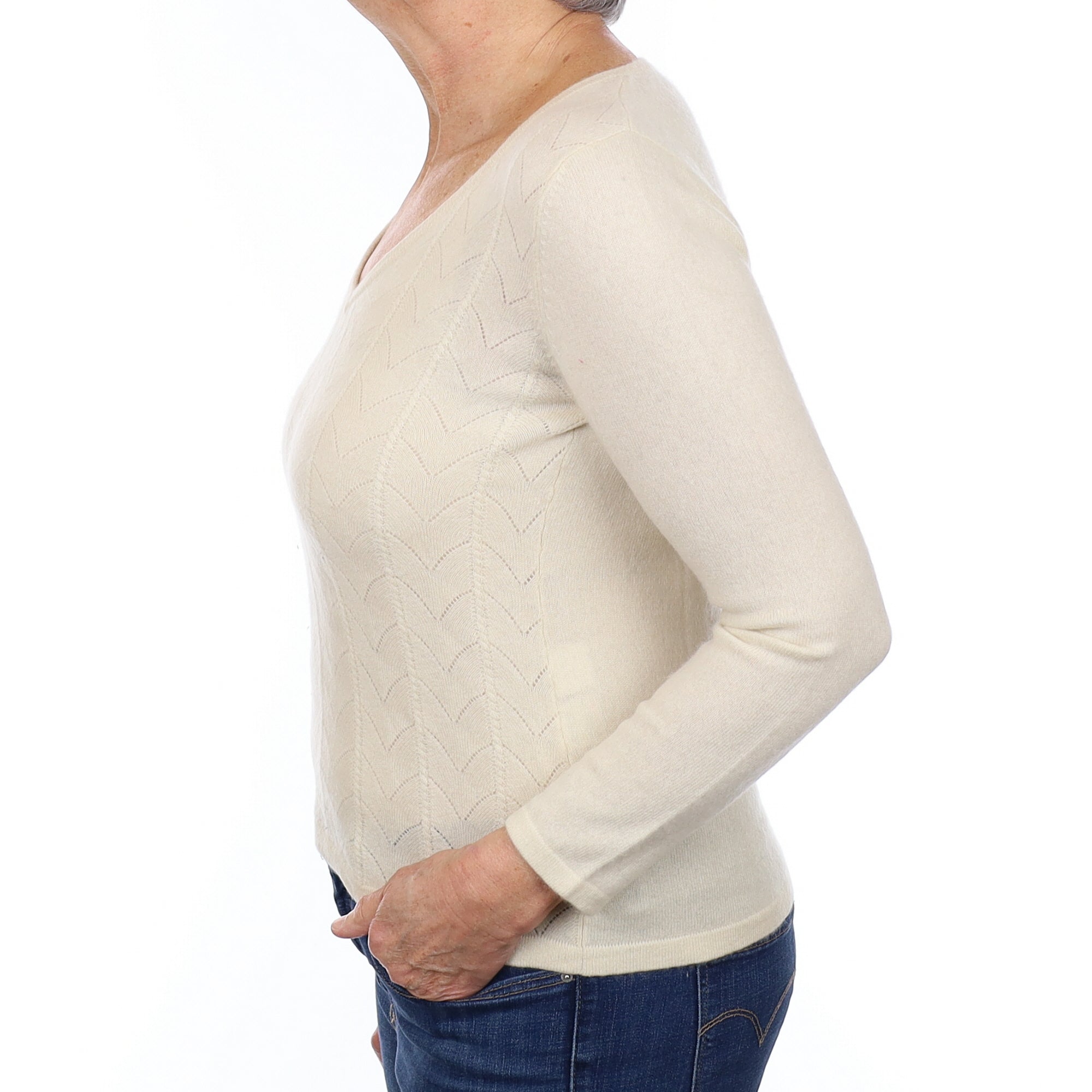 Vanilla Cream Patterned Lace Knit Front Cashmere V Neck Jumper Medium