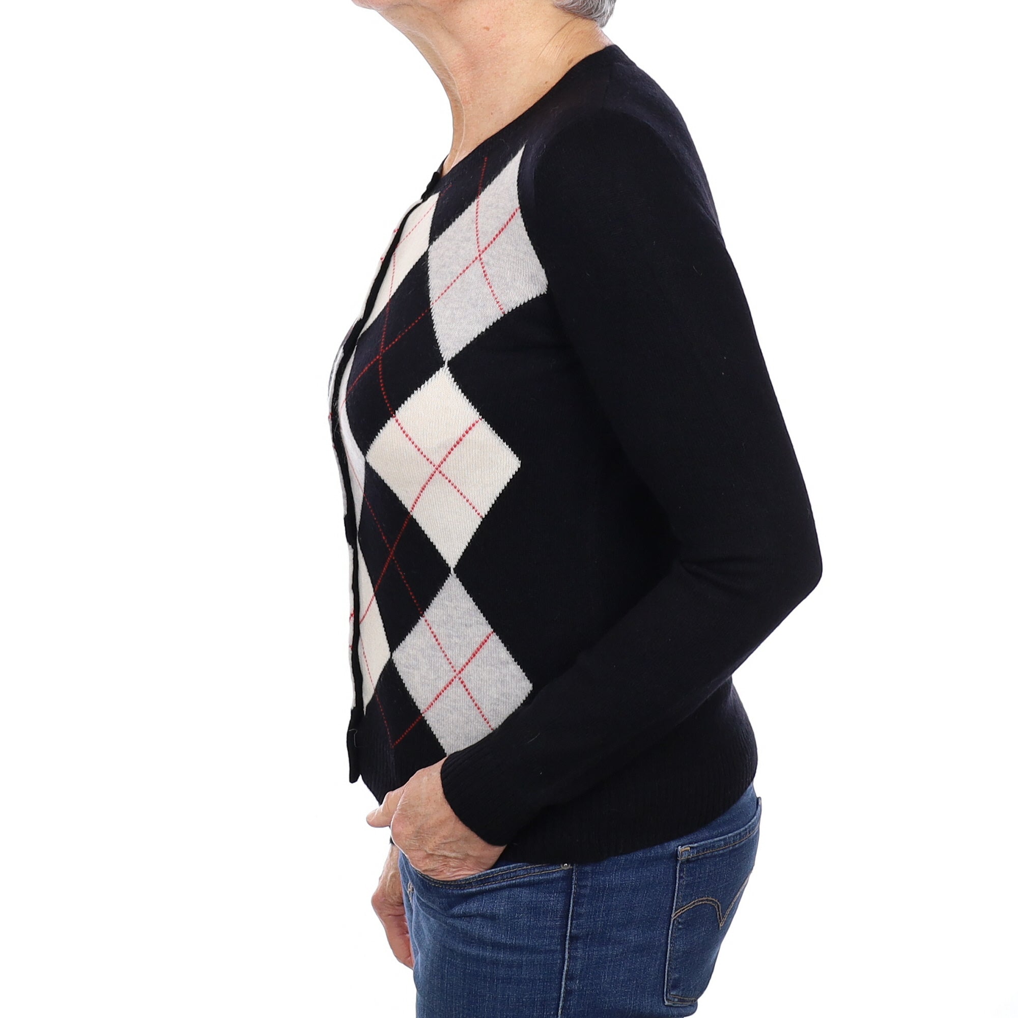 Black and Grey Argyle Cashmere Crew Neck Cardigan Medium