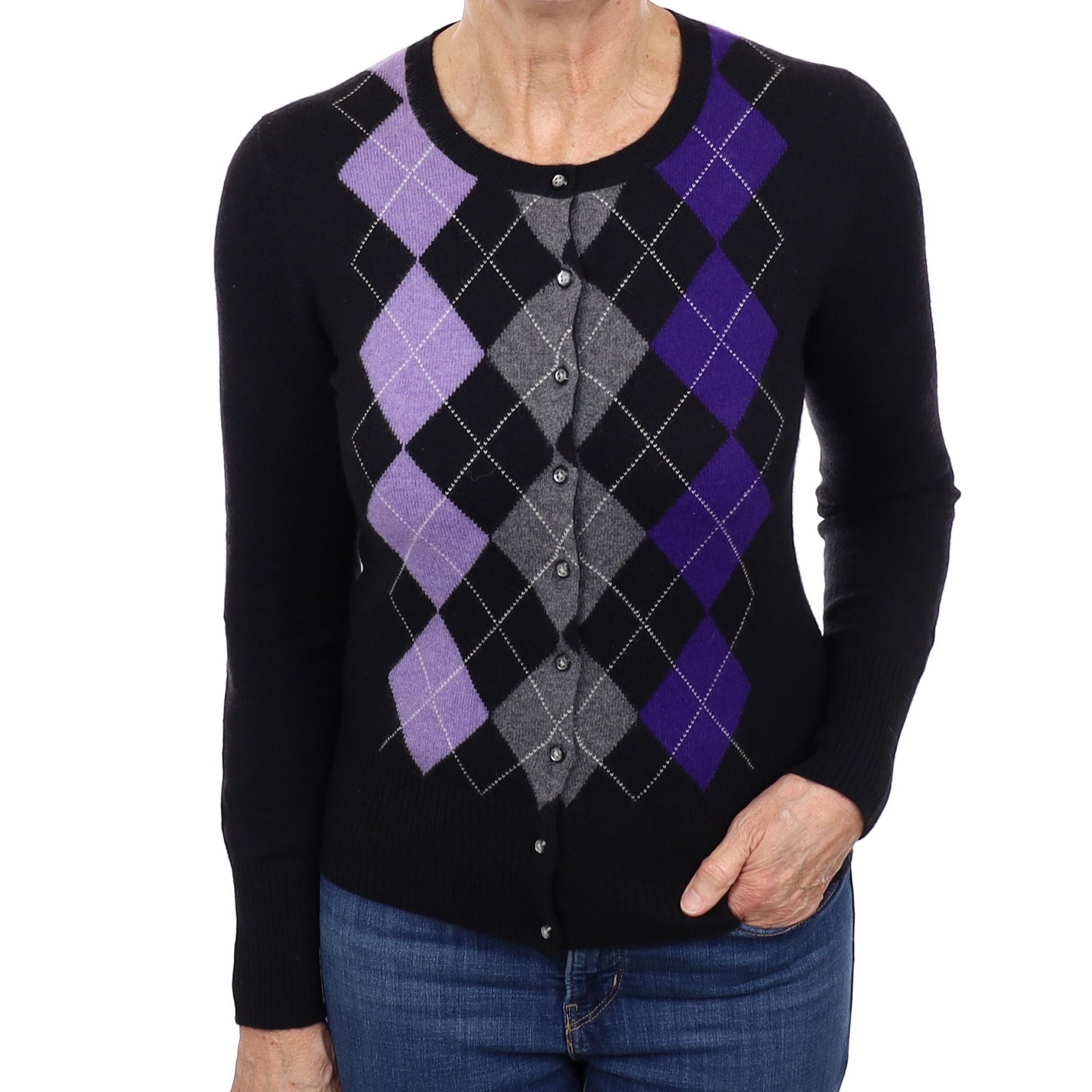 Black and Purple Argyle Cashmere Crew Neck Cardigan Medium