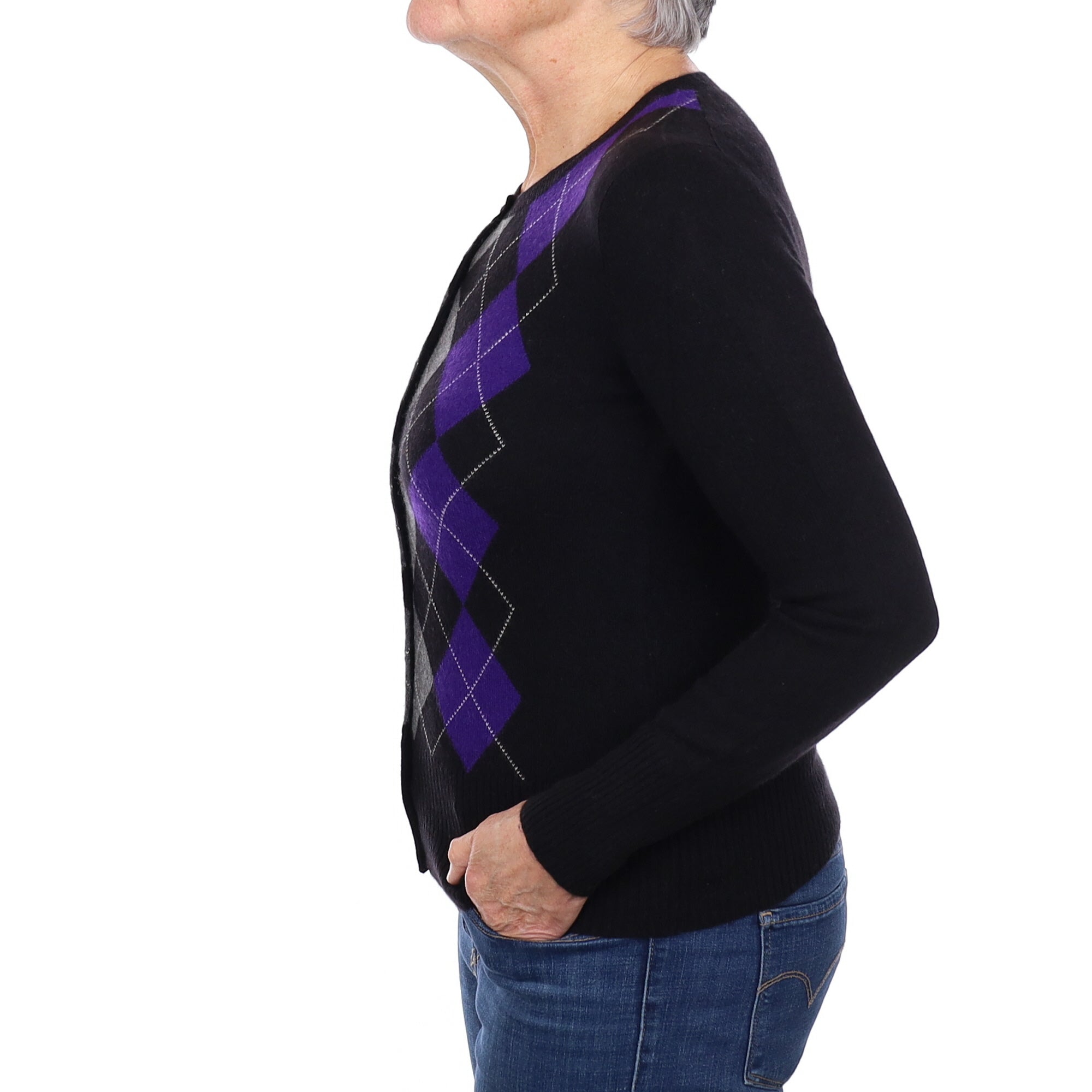 Black and Purple Argyle Cashmere Crew Neck Cardigan Medium