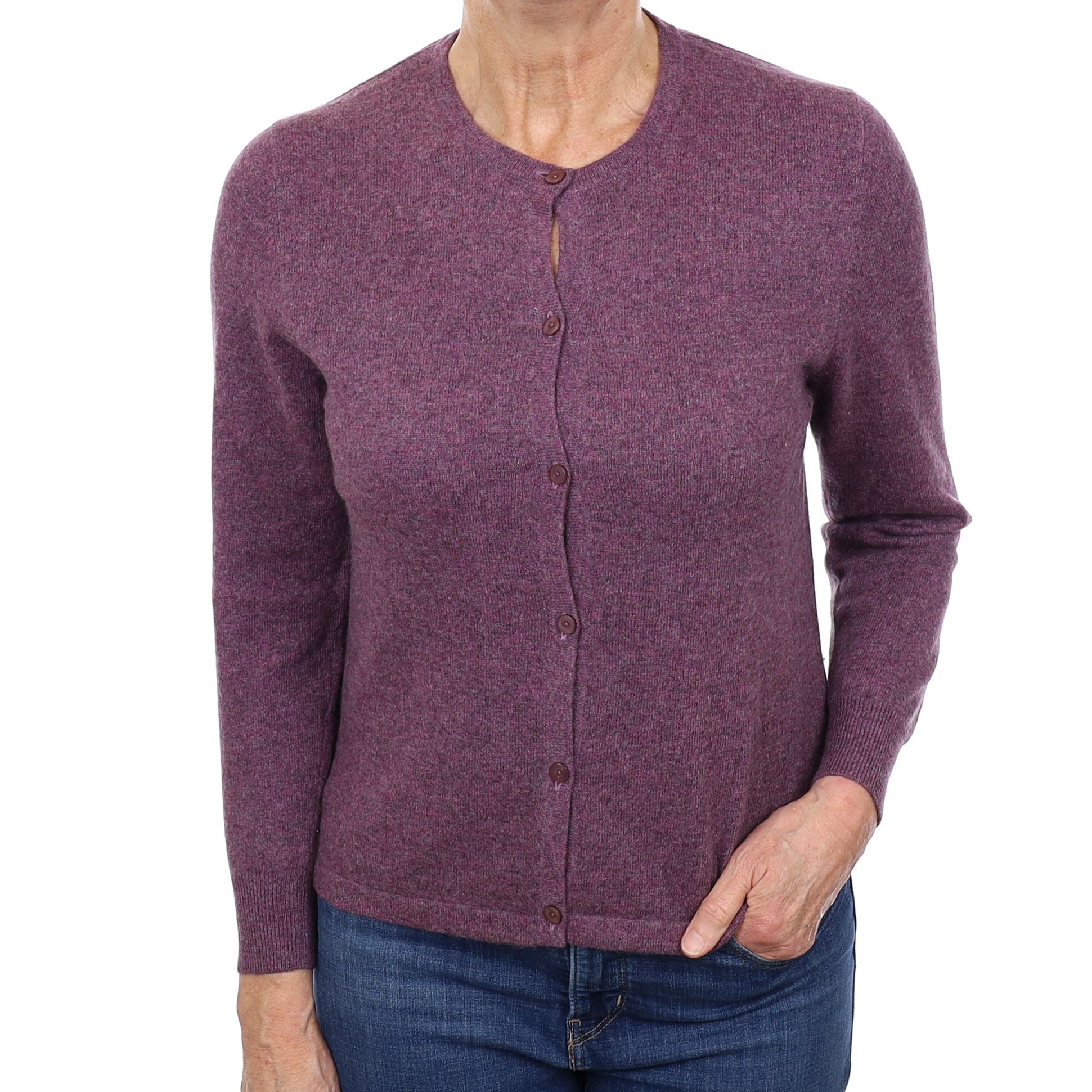Plum Purple Marl Cashmere Crew Neck Cardigan Medium