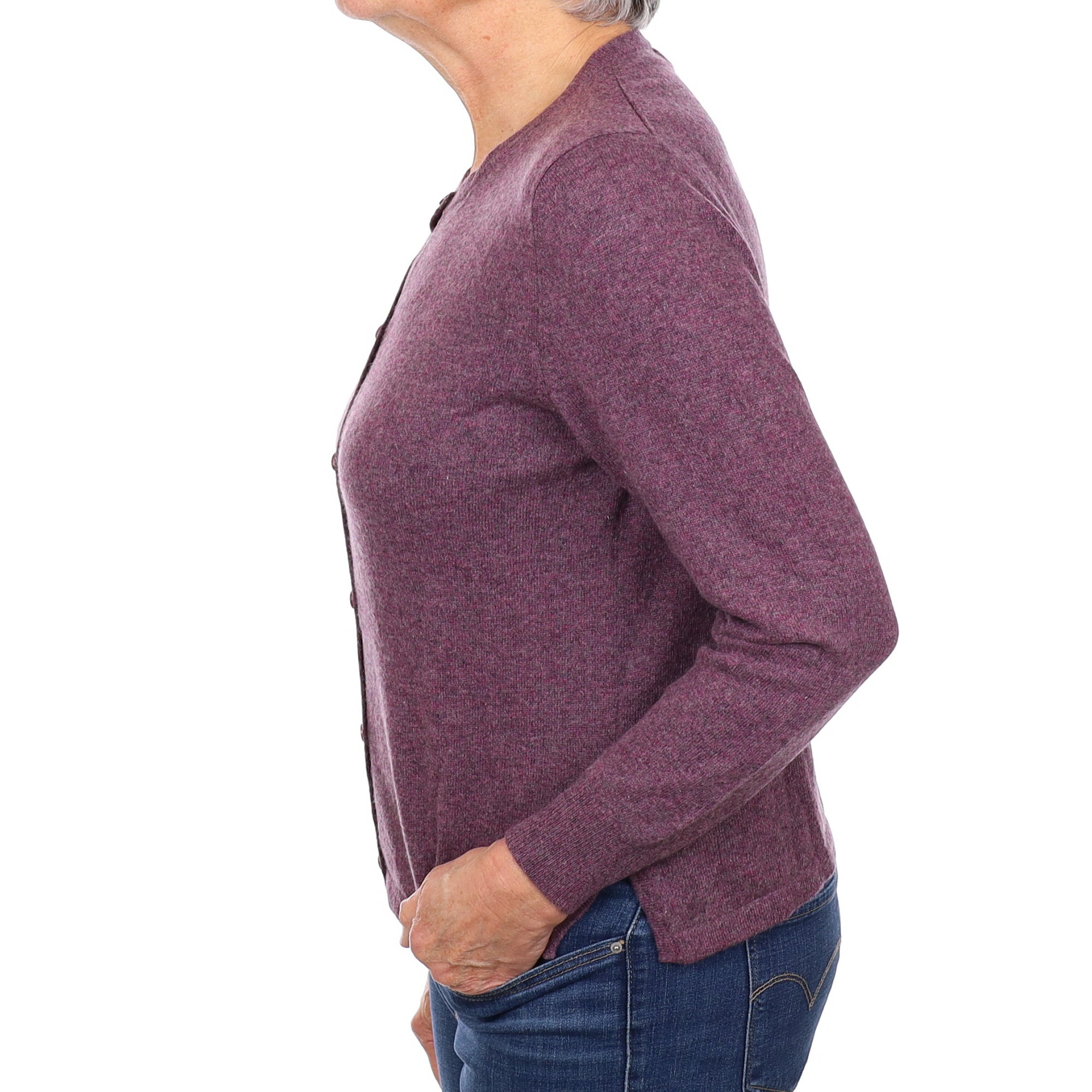 Plum Purple Marl Cashmere Crew Neck Cardigan Medium