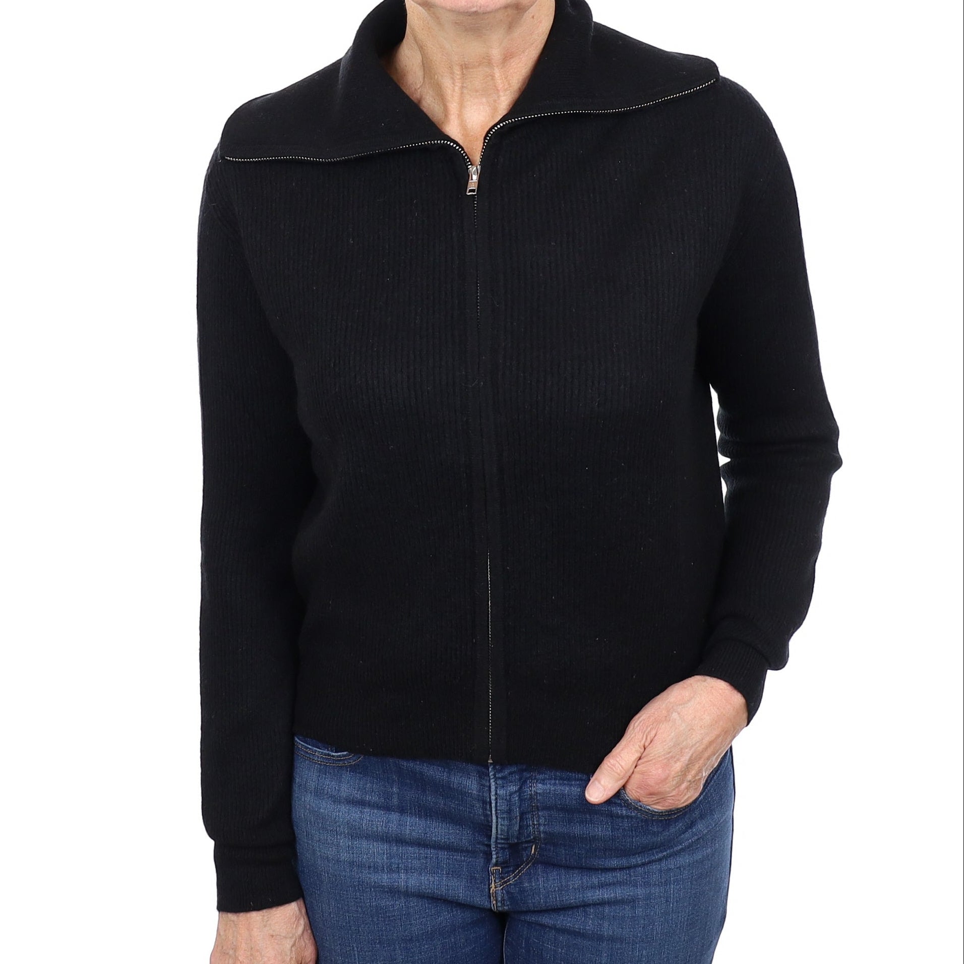 Black Rib Cashmere Zip Up Cardigan Medium