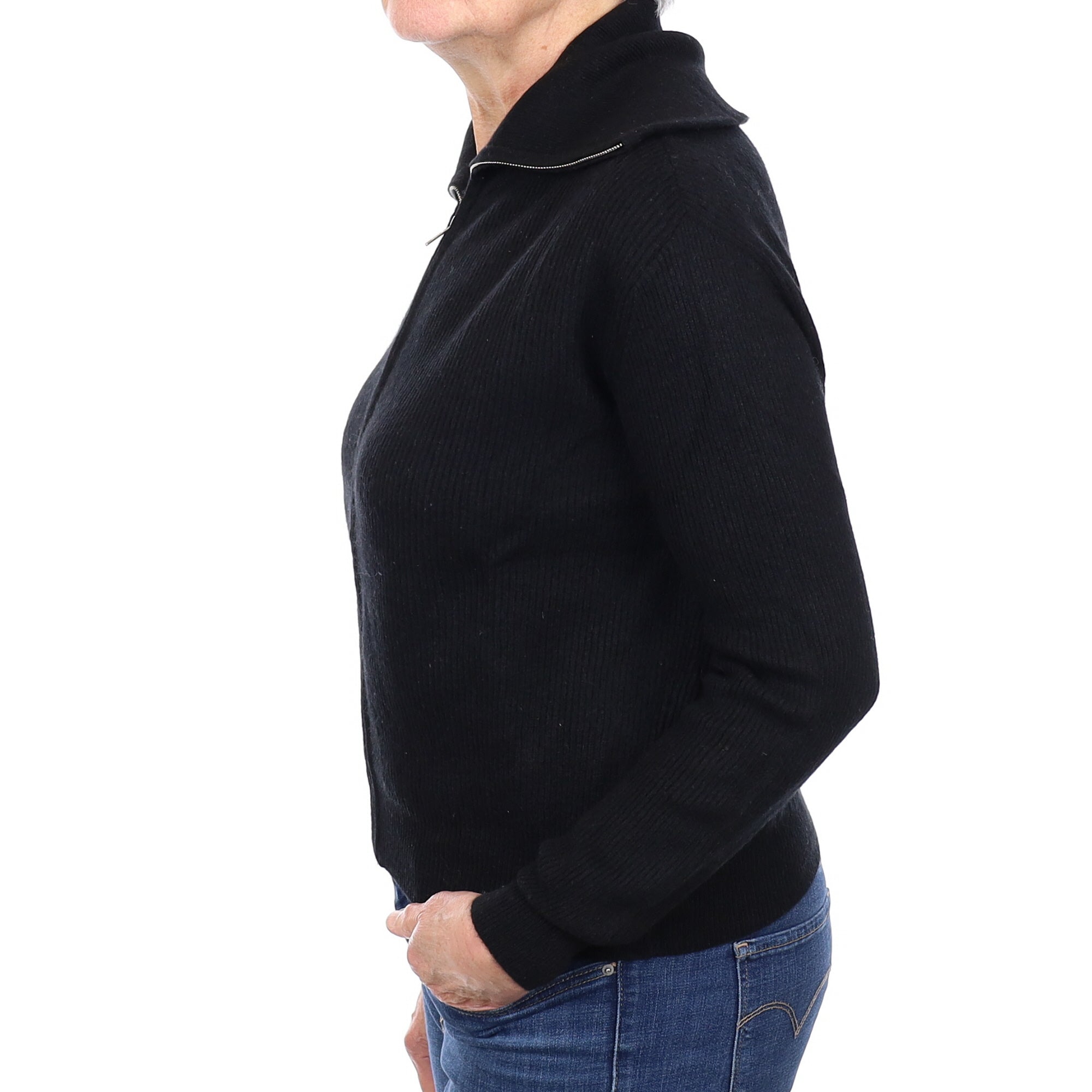 Black Rib Cashmere Zip Up Cardigan Medium