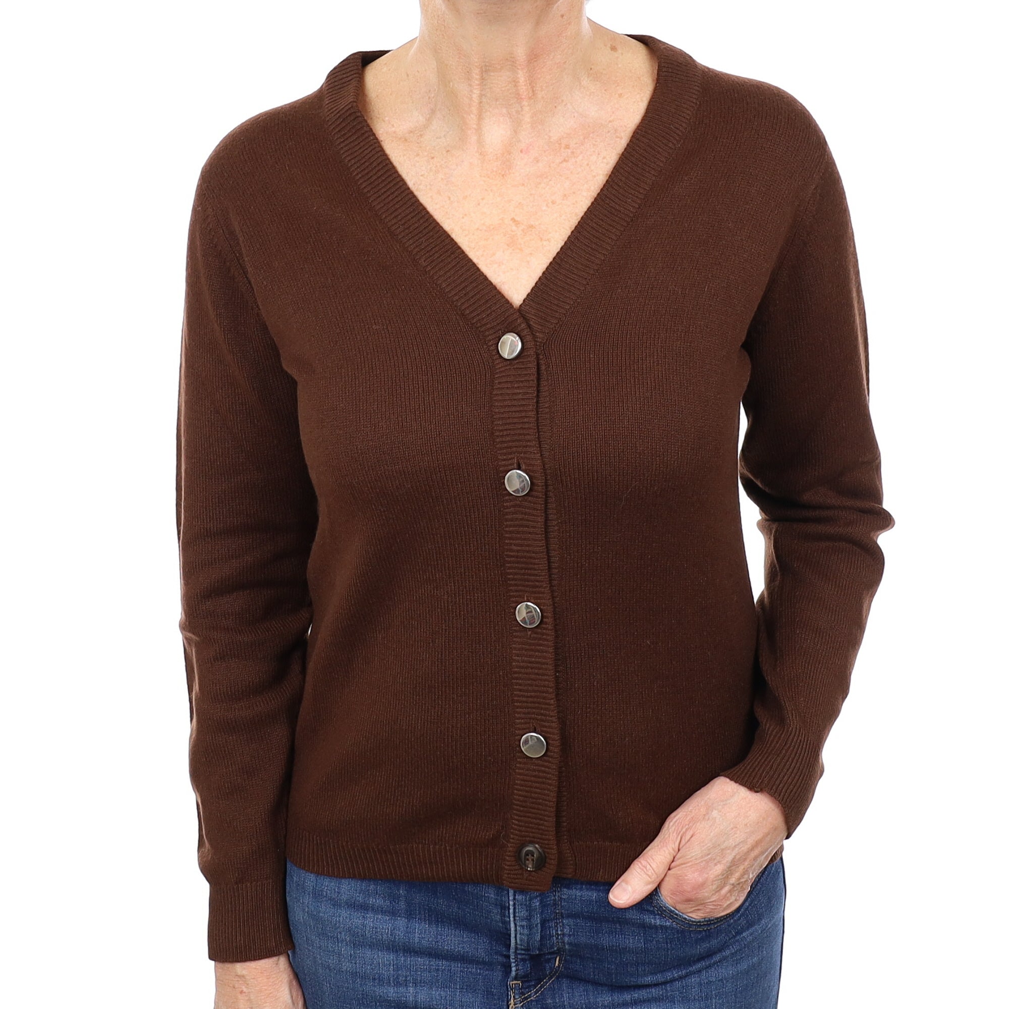 Chocolate Brown Cashmere V Neck Cardigan Medium