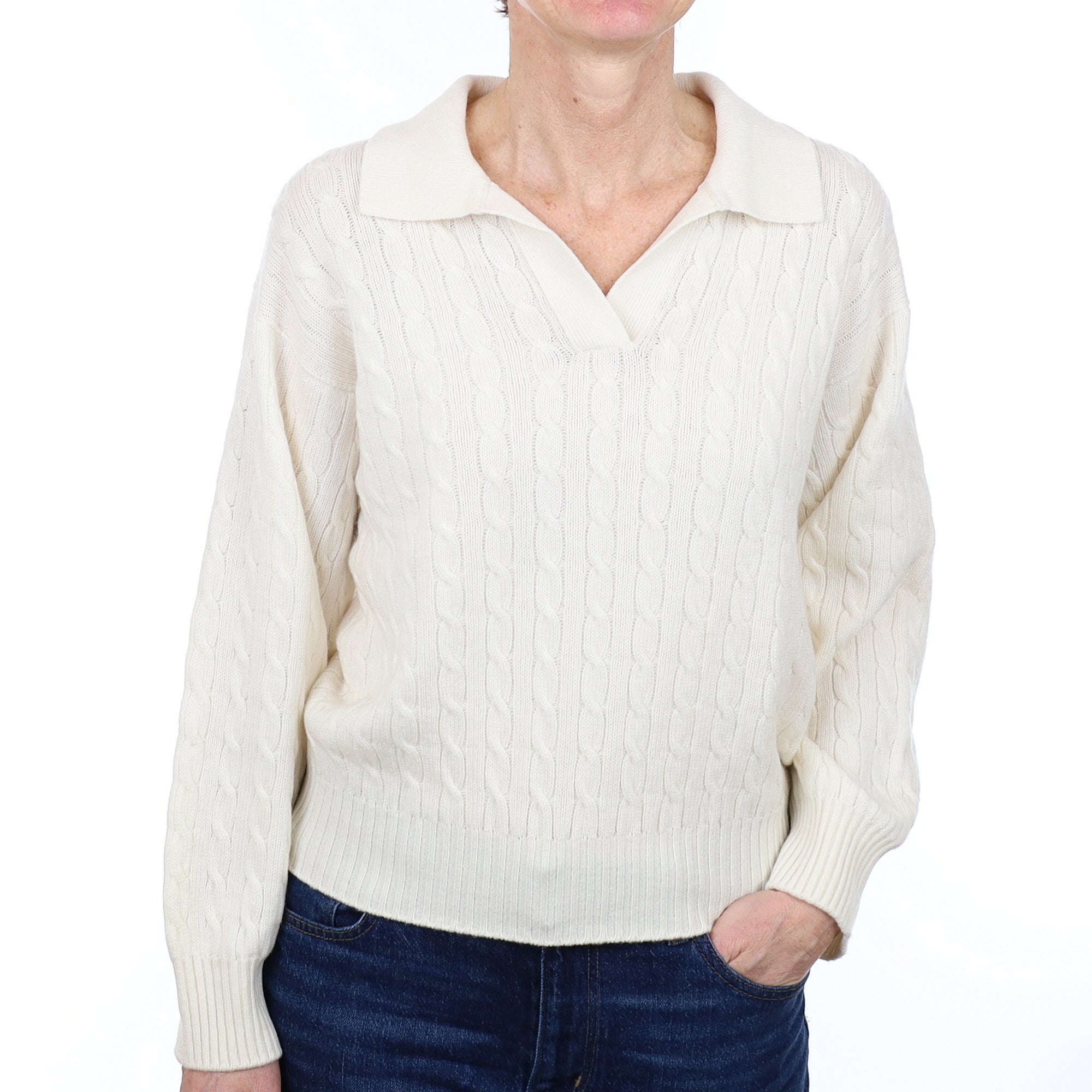 Brand New Scottish Winter White Cable Cashmere Collared V Neck Jumper Small