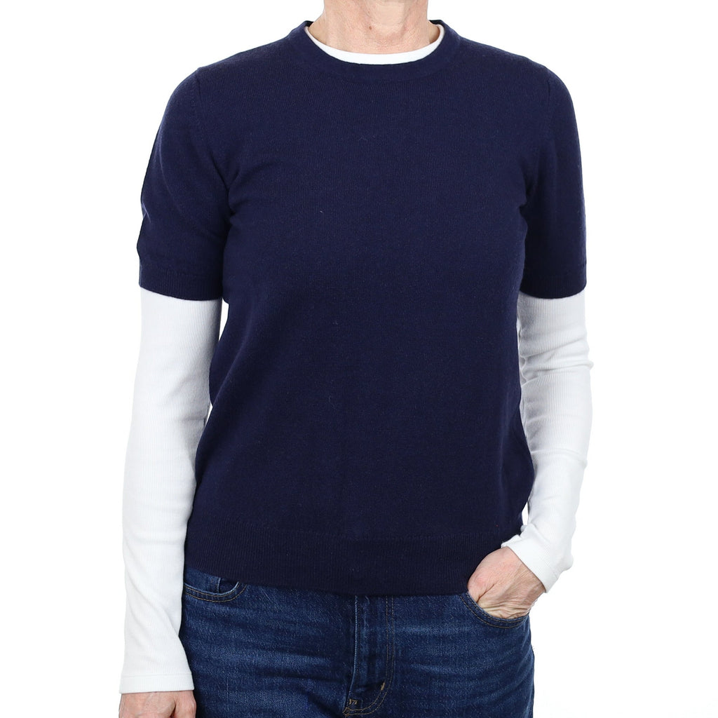 Brand New Scottish Navy Cashmere Short Sleeve Crew Neck Jumper Small