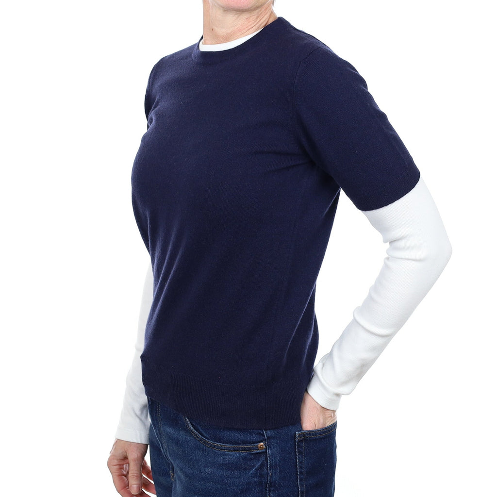 Brand New Scottish Navy Cashmere Short Sleeve Crew Neck Jumper Small