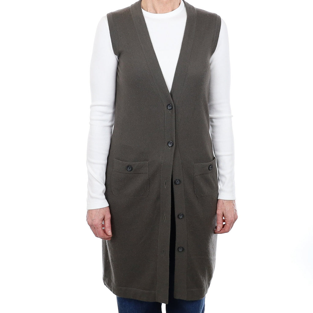 Deep Khaki Cashmere Longline Sleeveless Cardigan With Pockets Small