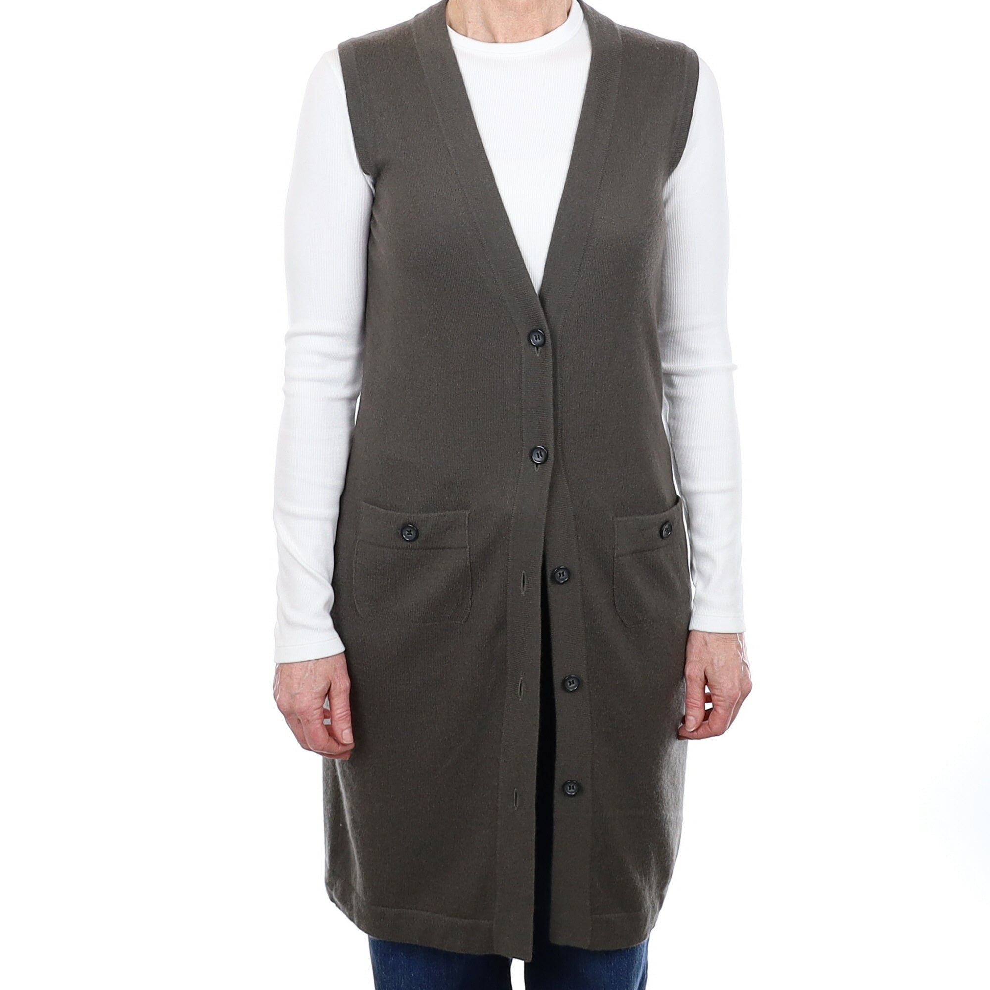 Deep Khaki Cashmere Longline Sleeveless Cardigan With Pockets Small