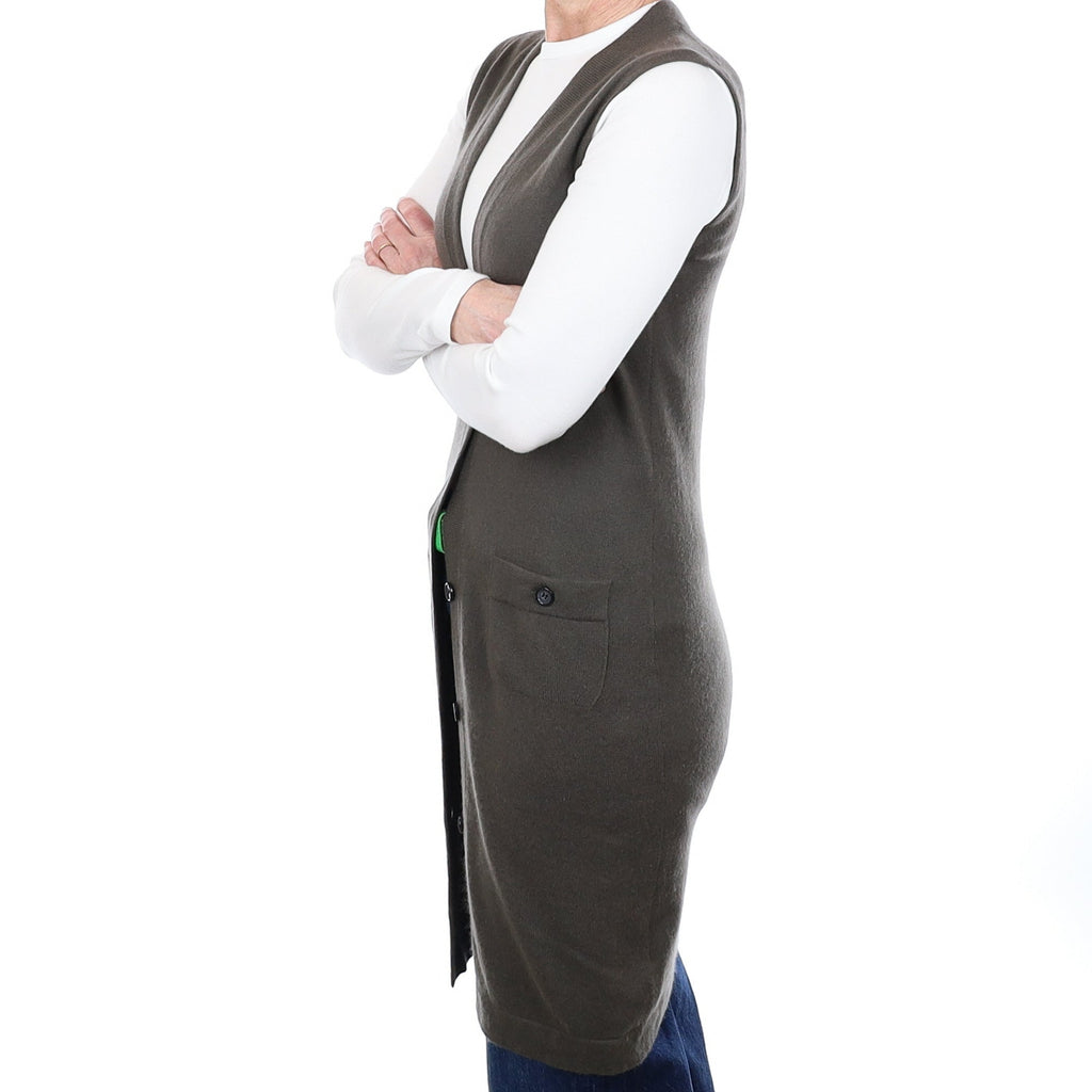 Deep Khaki Cashmere Longline Sleeveless Cardigan With Pockets Small