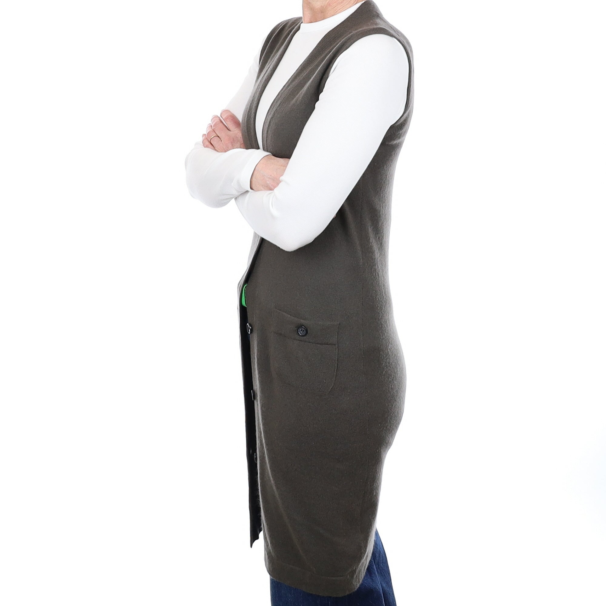 Deep Khaki Cashmere Longline Sleeveless Cardigan With Pockets Small