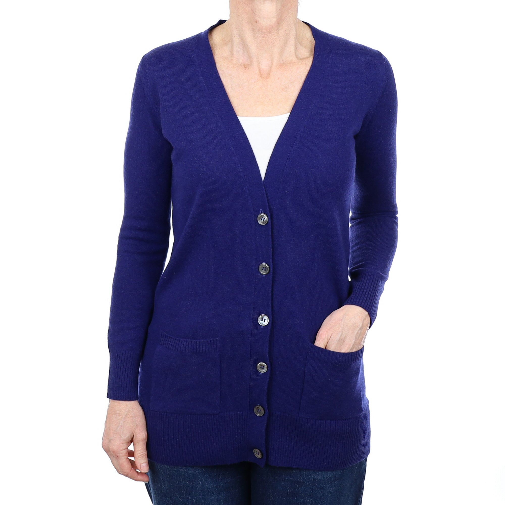 Deep Blue Cashmere Longline V Neck Cardigan With Pockets Small