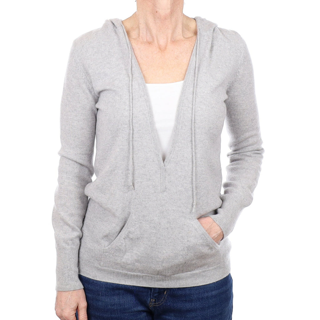 Smoke Grey Cashmere Deep V Neck Hoodie With Pocket Small