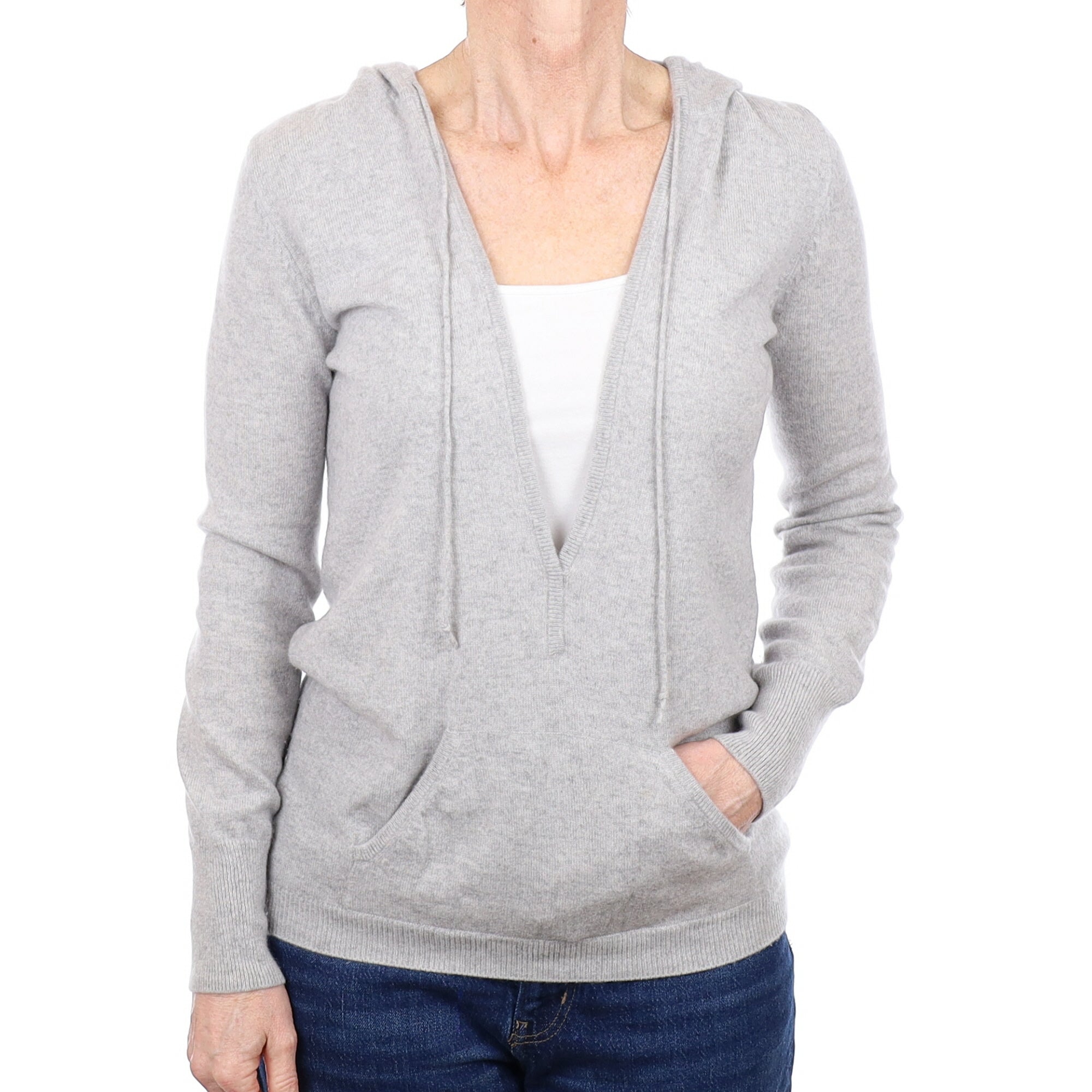 Smoke Grey Cashmere Deep V Neck Hoodie With Pocket Small