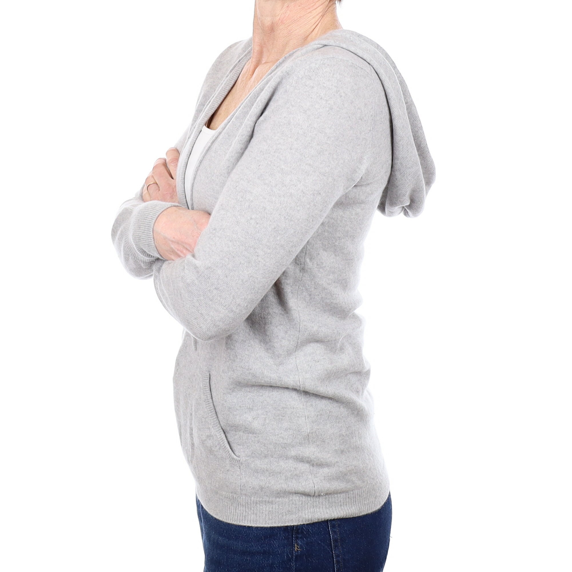 Smoke Grey Cashmere Deep V Neck Hoodie With Pocket Small