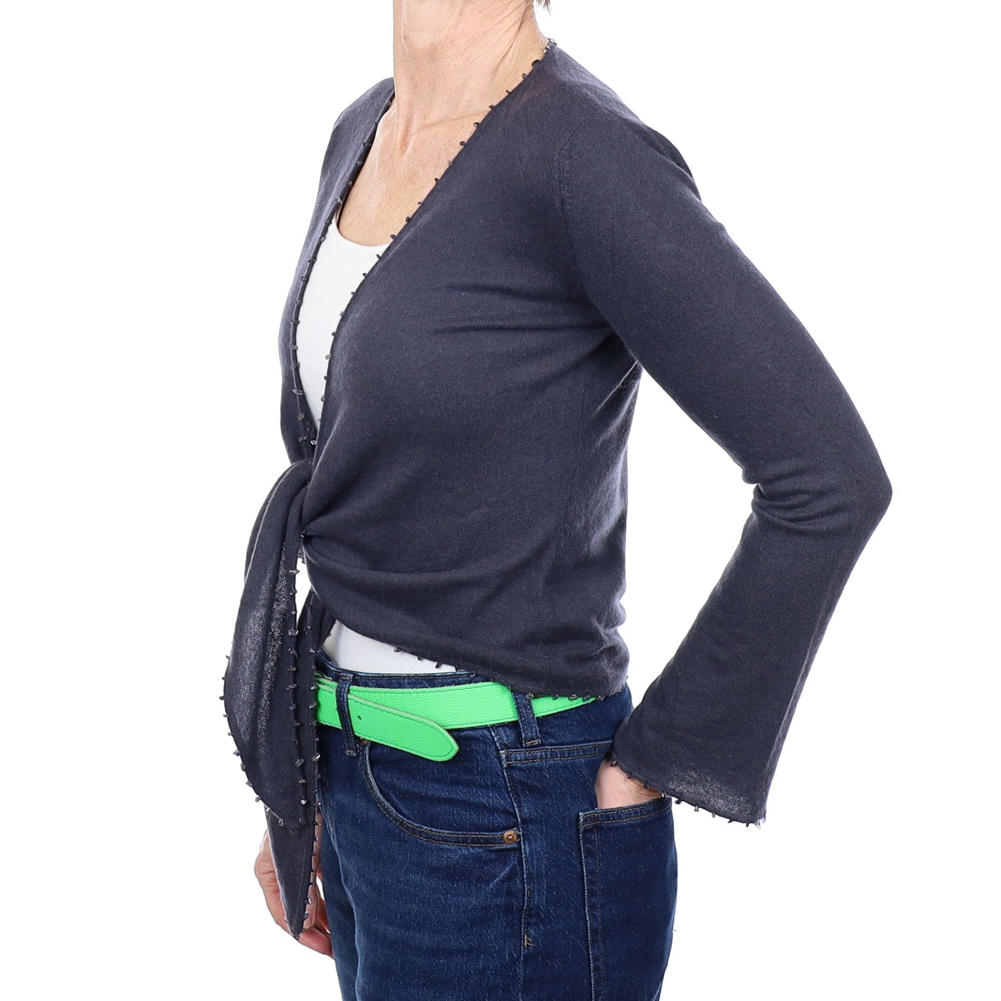 Graphite Grey Cashmere Tie Front Cardigan Small