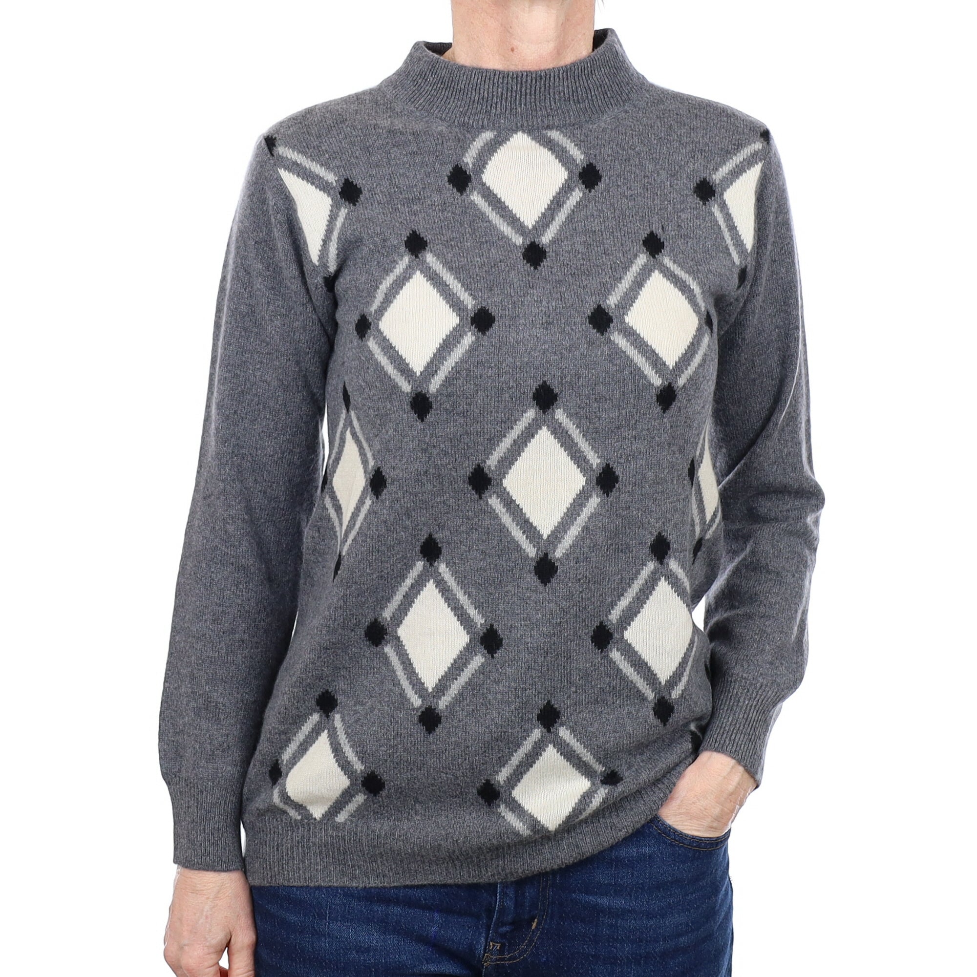 Ash Grey Patterned Cashmere Turtle Neck Jumper Small