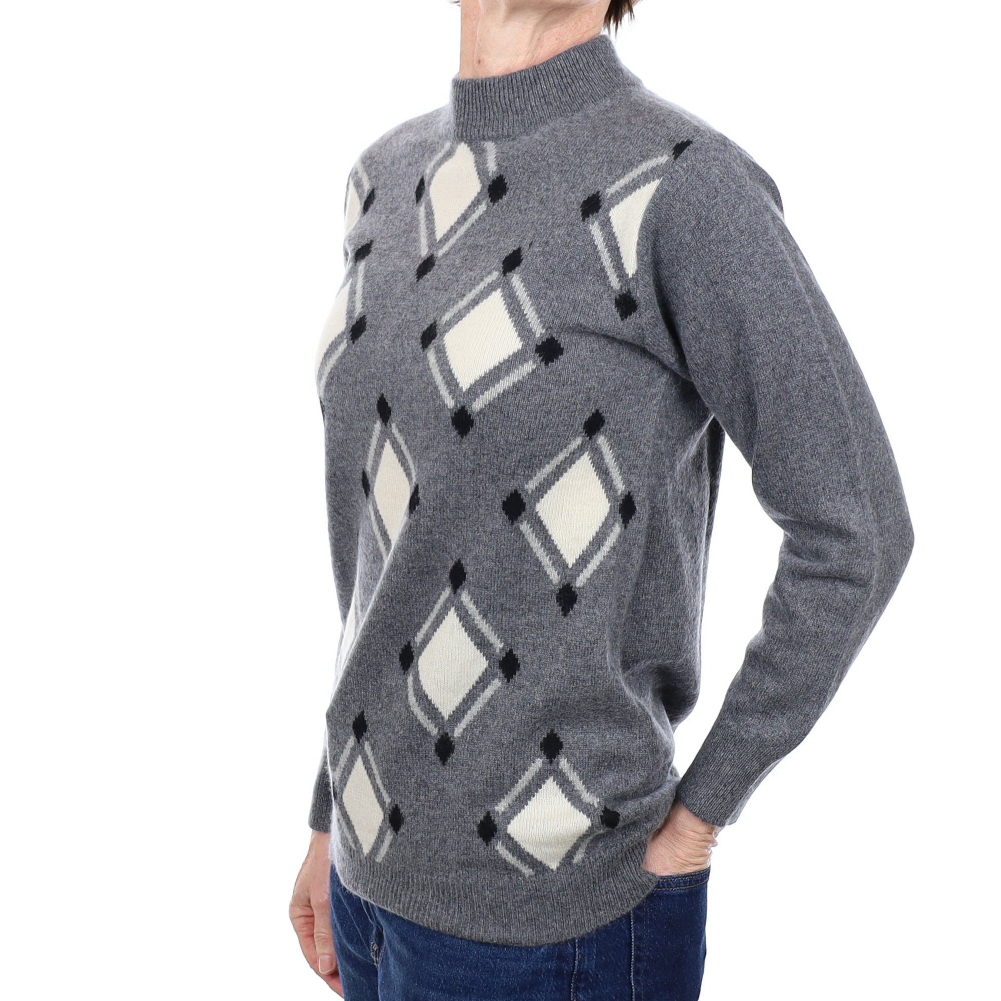Ash Grey Patterned Cashmere Turtle Neck Jumper Small