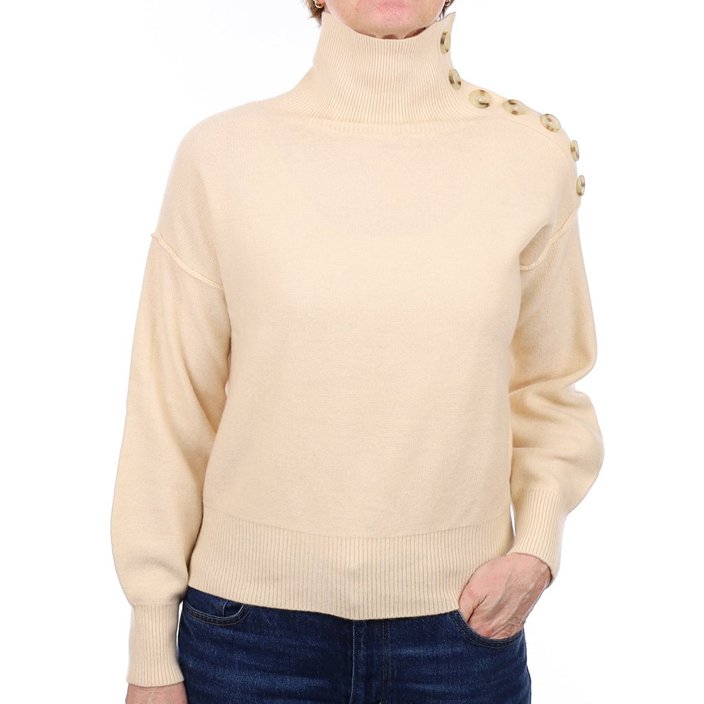 Pale Peach Cashmere Polo Neck Jumper with Buttons Small