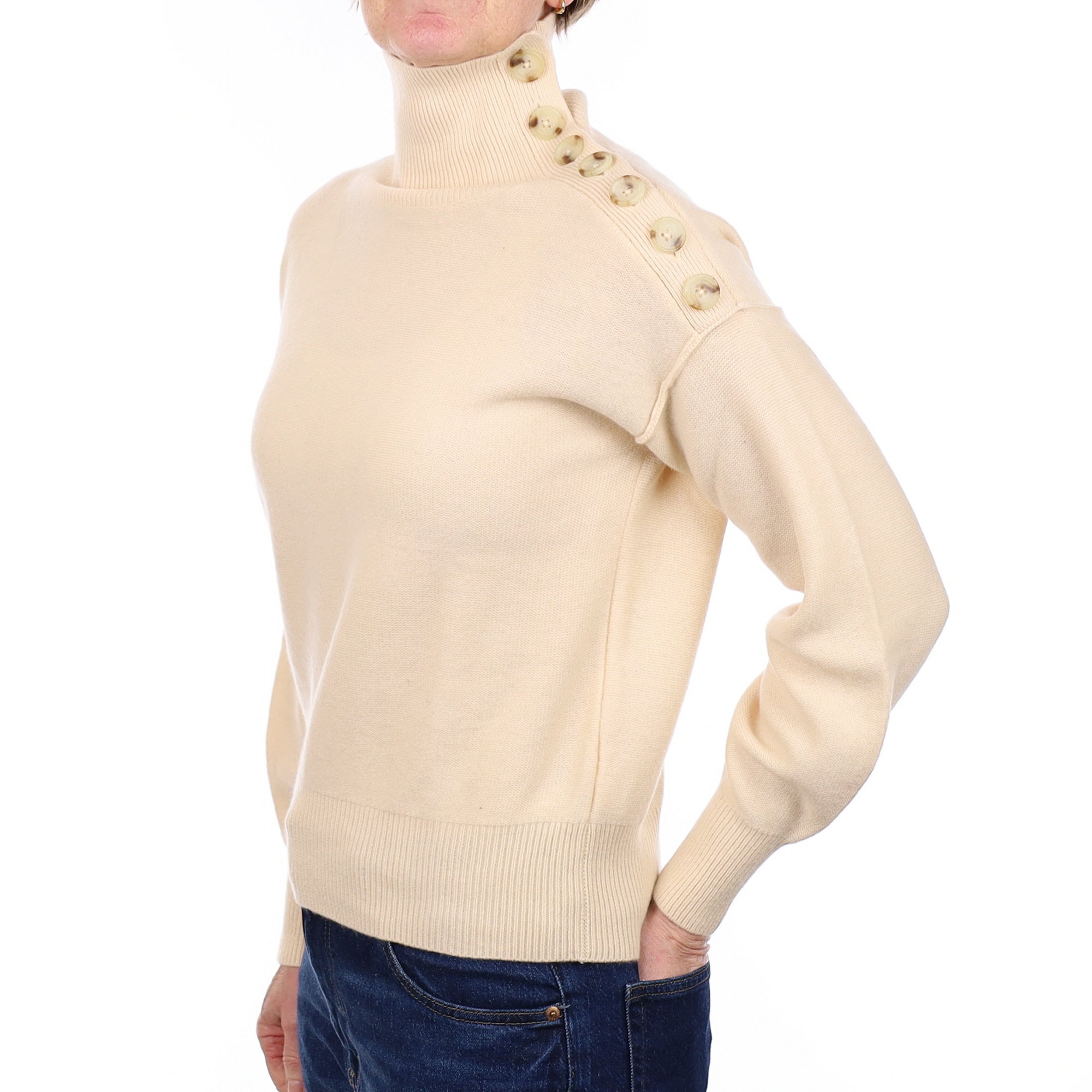 Pale Peach Cashmere Polo Neck Jumper with Buttons Small